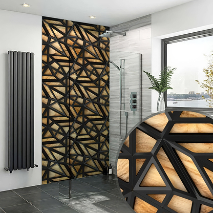 Black Lattice Grid on Wood Shower Panel By Hyperion Tiles