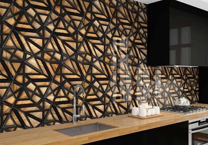 Black Lattice Grid on Wood Shower Panel By Hyperion Tiles