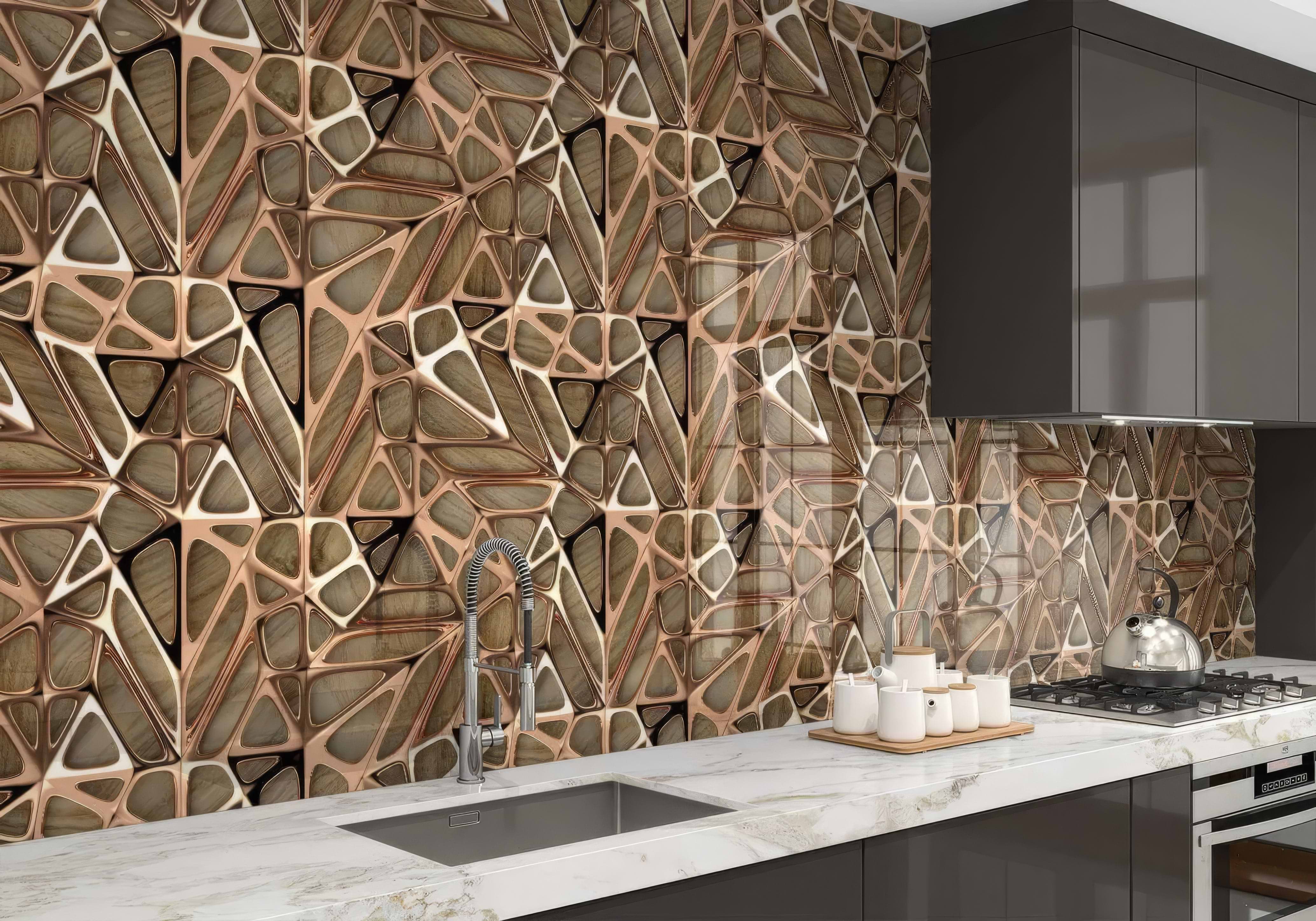 Gold Copper Lattice Grid on Wood Shower Panel By Hyperion Tiles