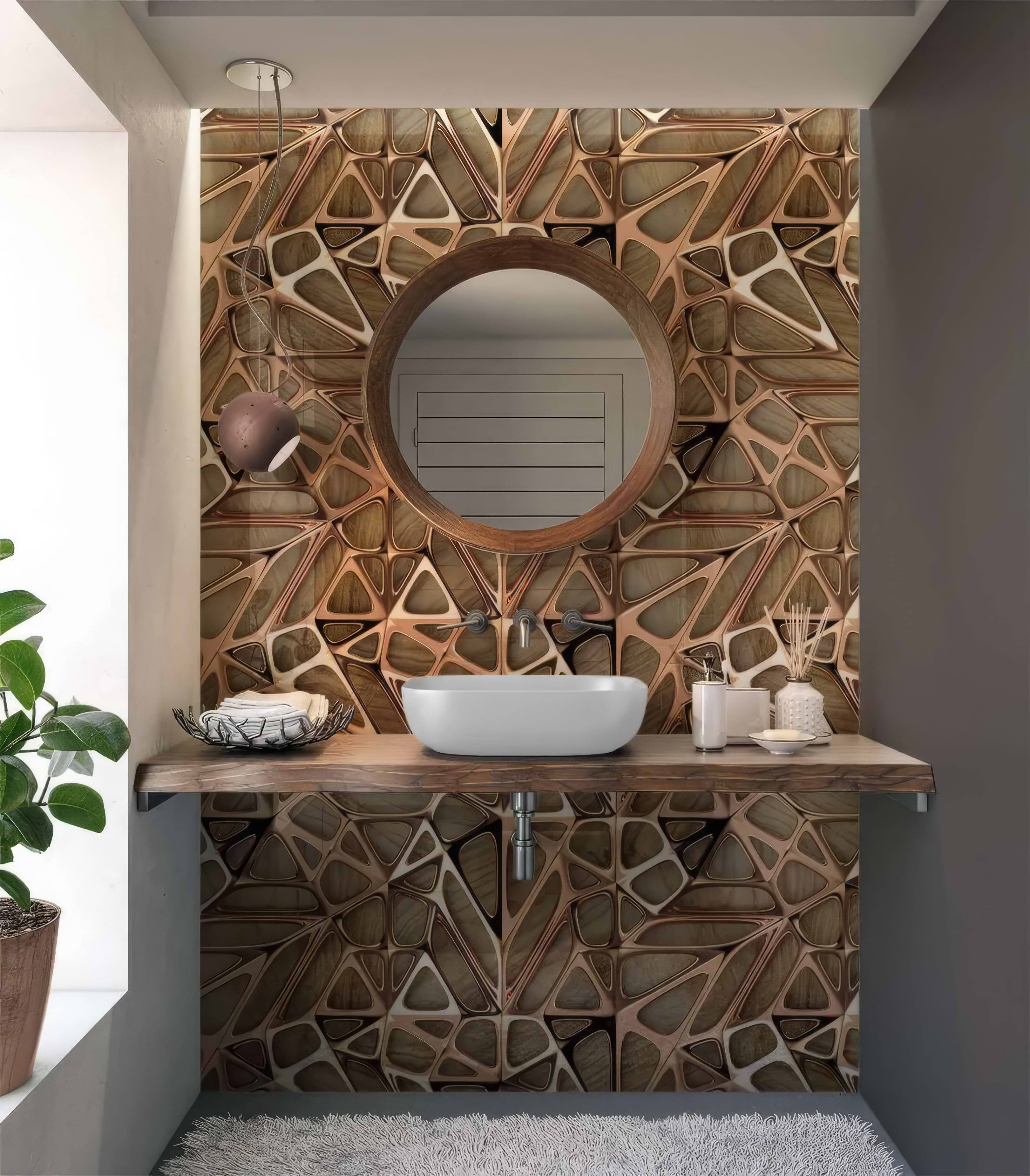 Gold Copper Lattice Grid on Wood Shower Panel By Hyperion Tiles
