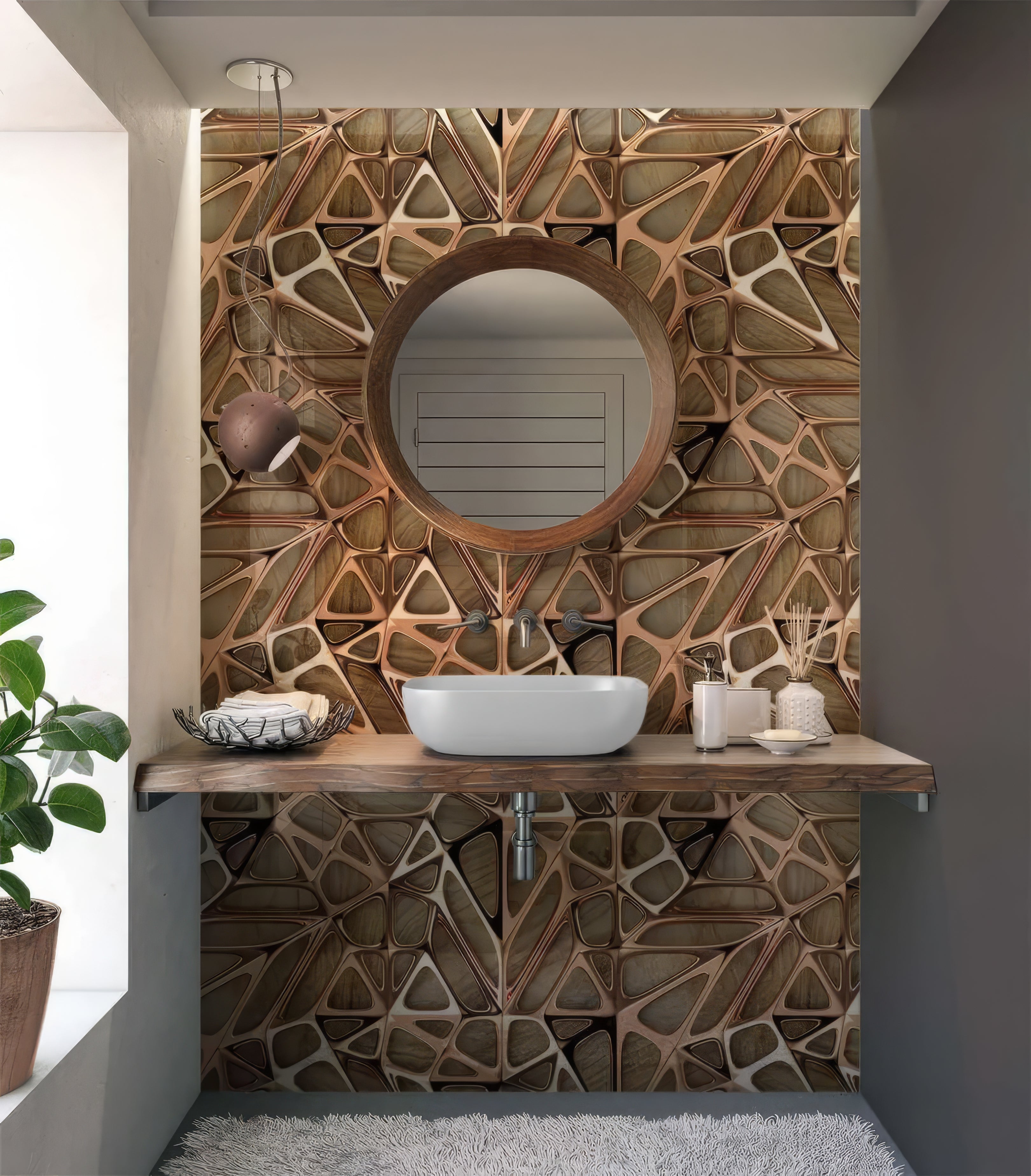 Gold Copper Lattice Grid on Wood Shower Panel By Hyperion Tiles