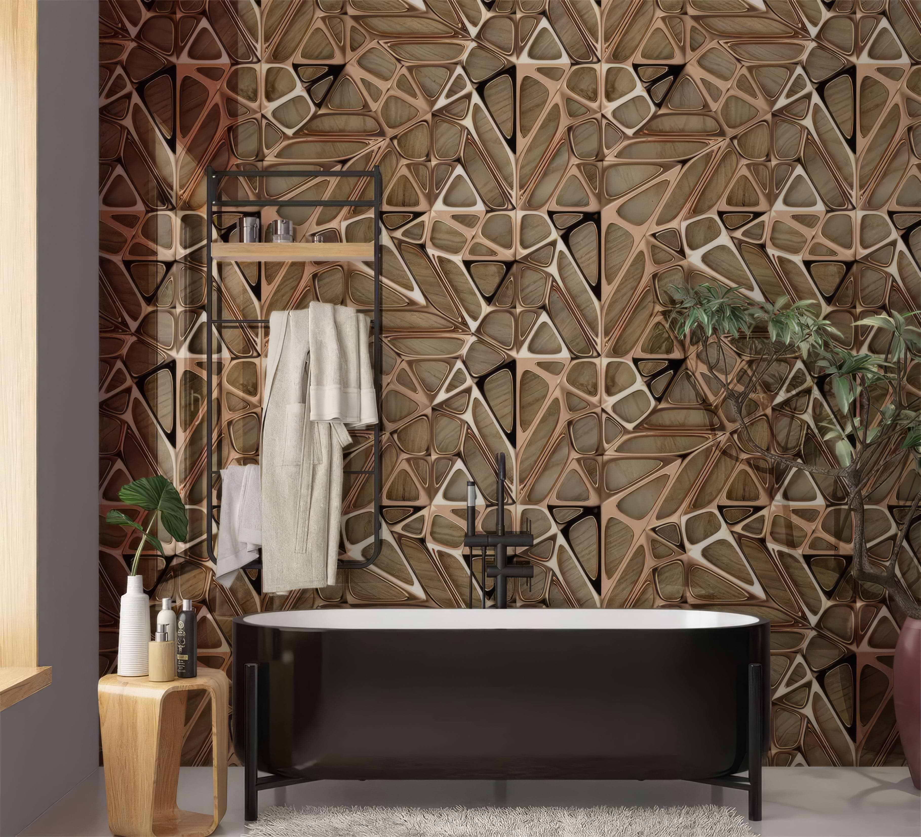 Gold Copper Lattice Grid on Wood Shower Panel By Hyperion Tiles