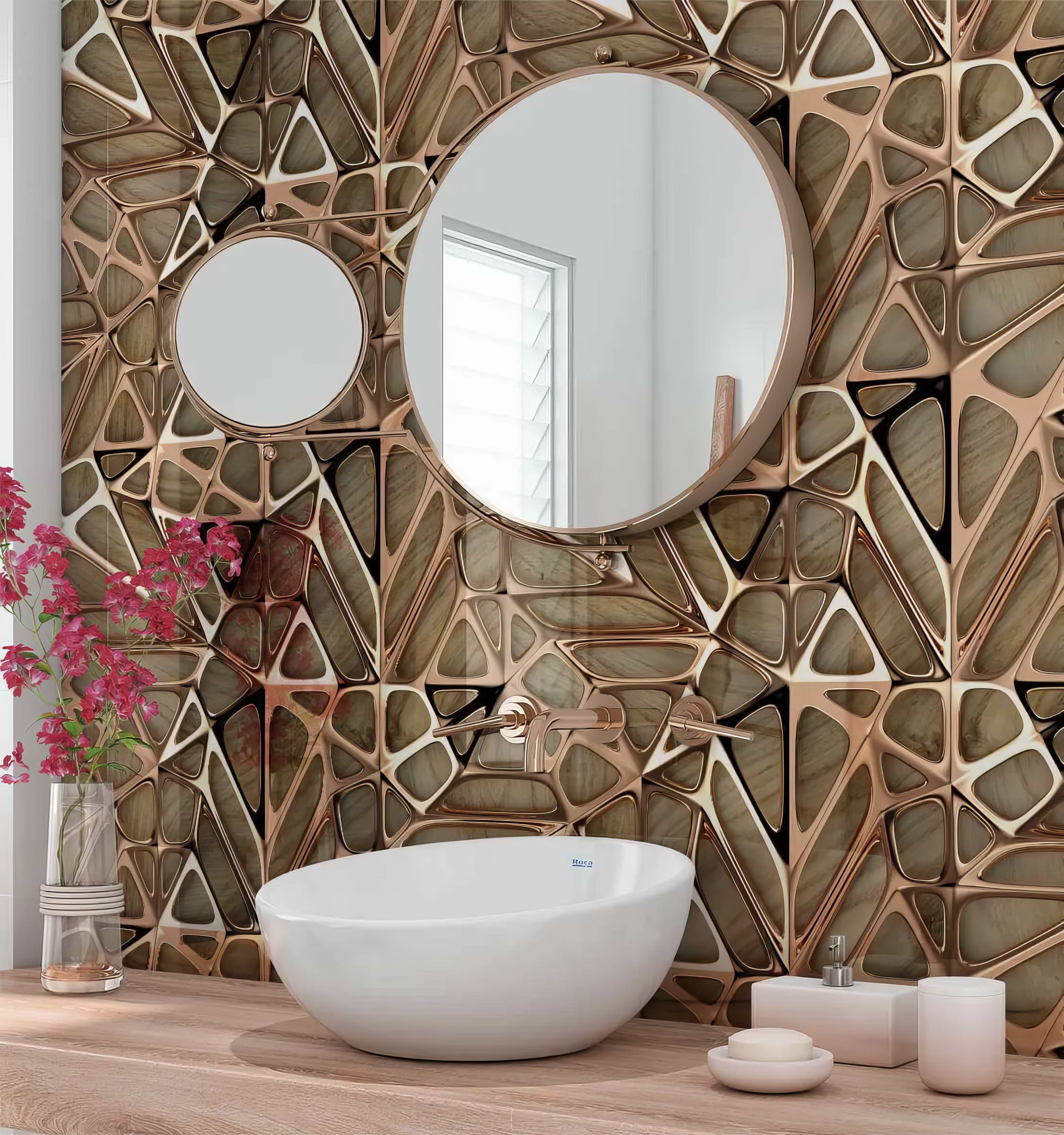 Gold Copper Lattice Grid on Wood Shower Panel By Hyperion Tiles