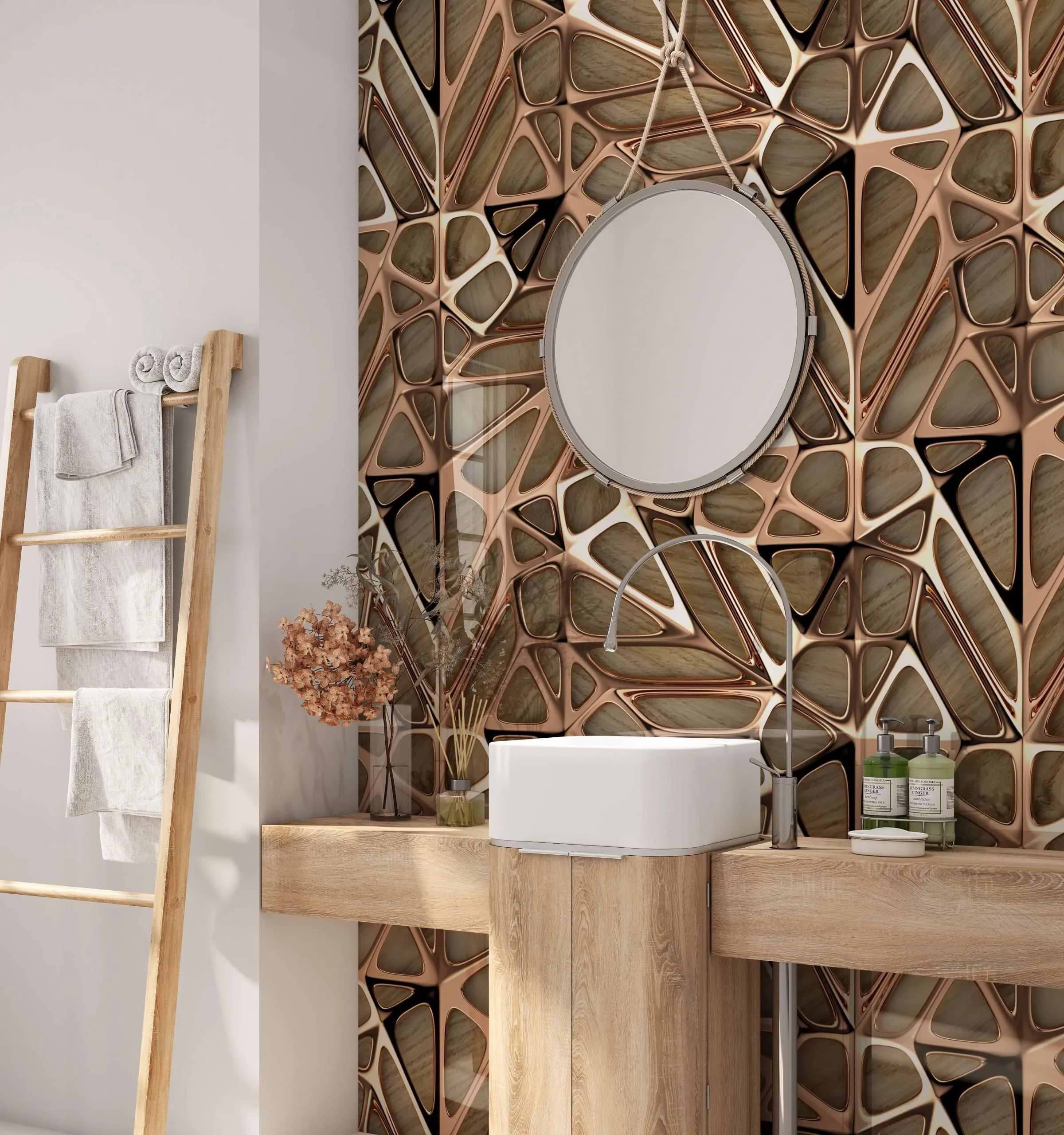 Gold Copper Lattice Grid on Wood Shower Panel By Hyperion Tiles