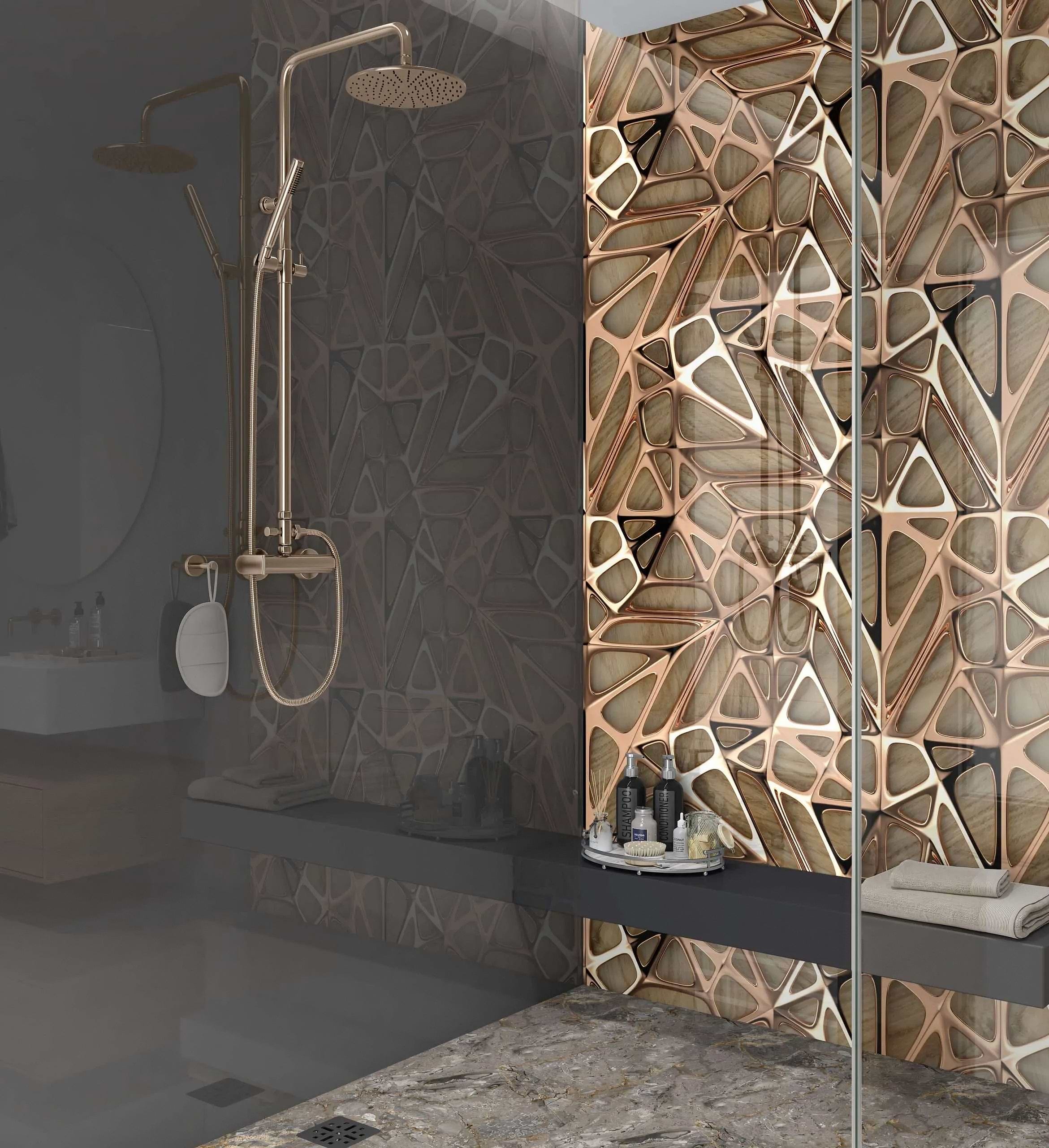 Gold Copper Lattice Grid on Wood Shower Panel By Hyperion Tiles