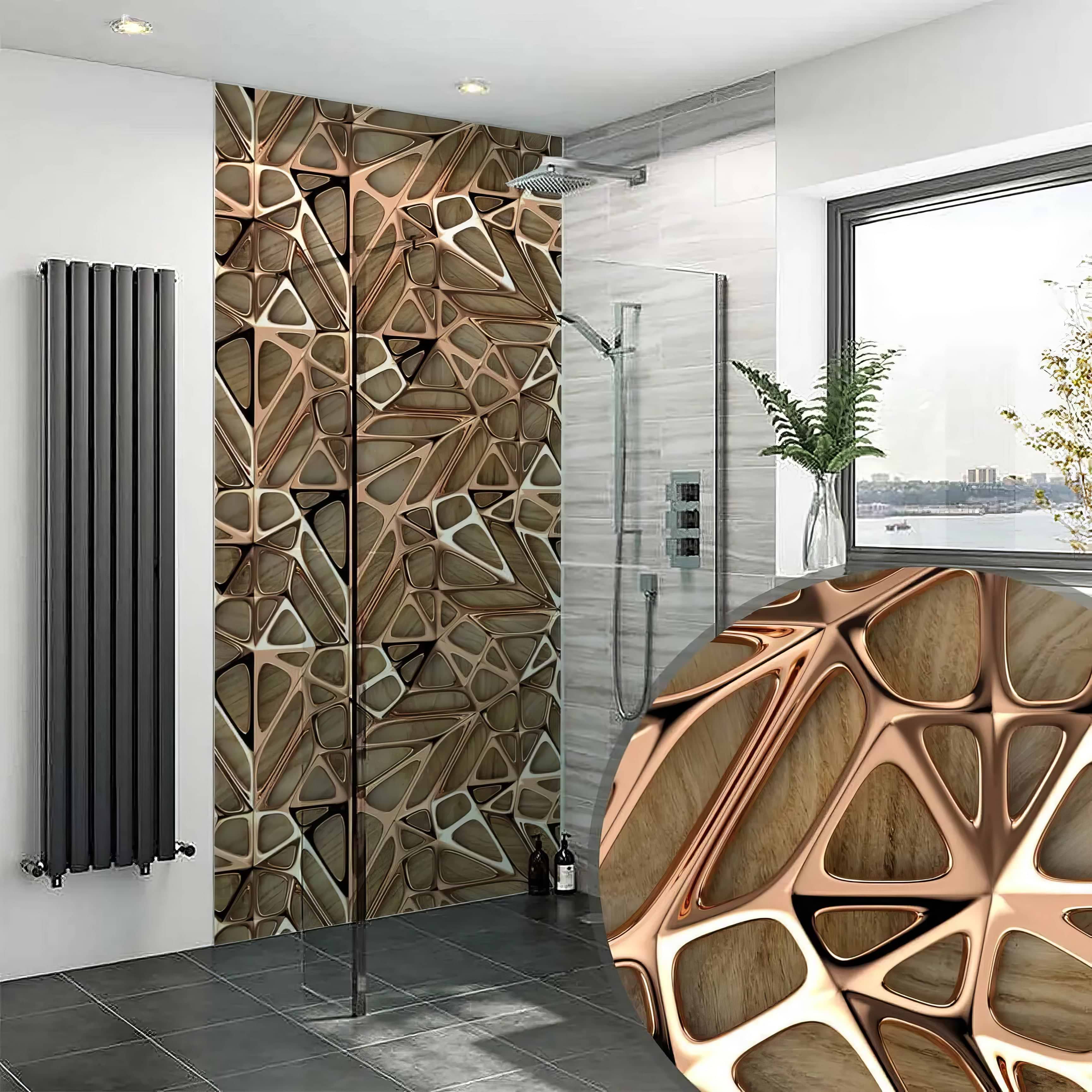 Gold Copper Lattice Grid on Wood Shower Panel By Hyperion Tiles