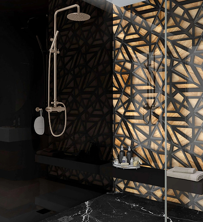Black Lattice Grid on Wood Shower Panel By Hyperion Tiles