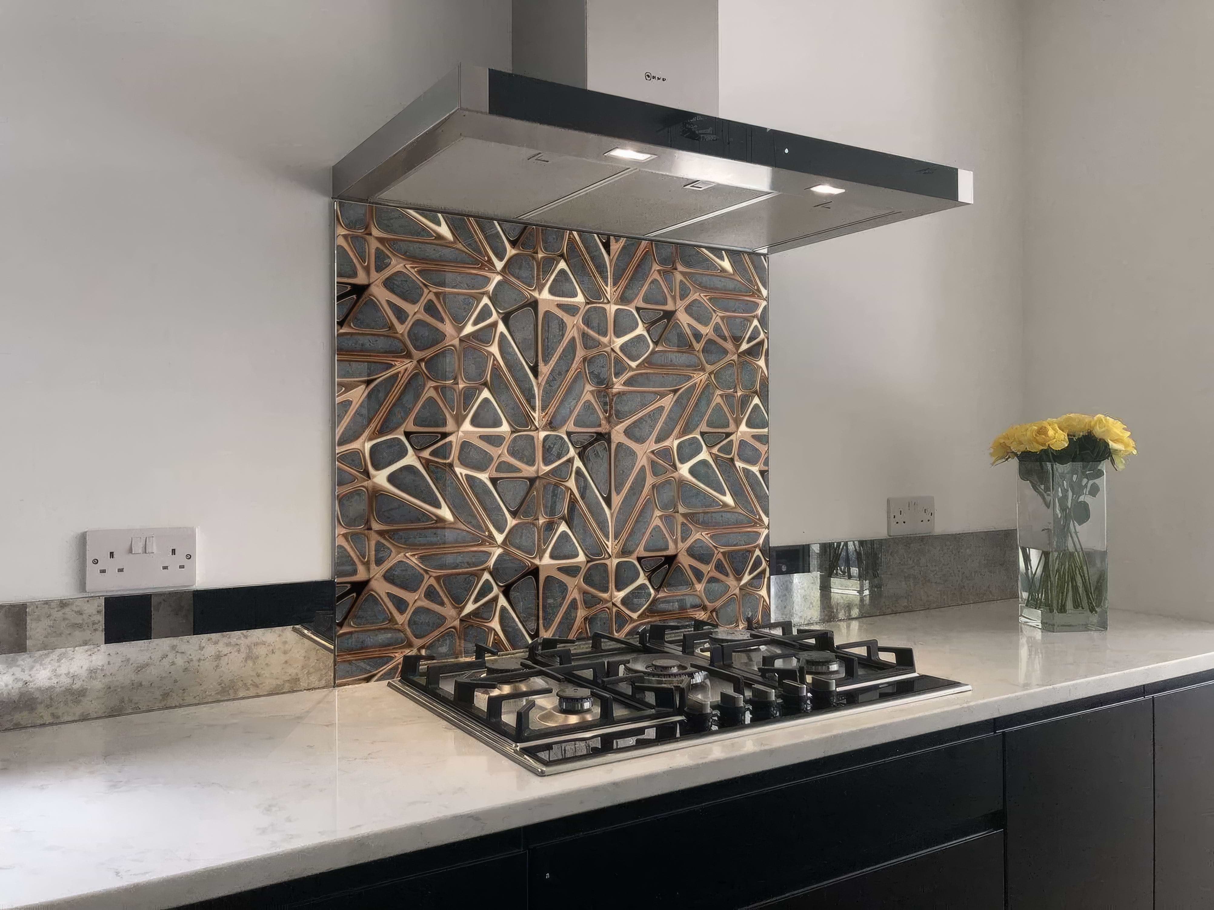 Gold Copper Lattice Grid on Concrete Shower Panel By Hyperion Tiles
