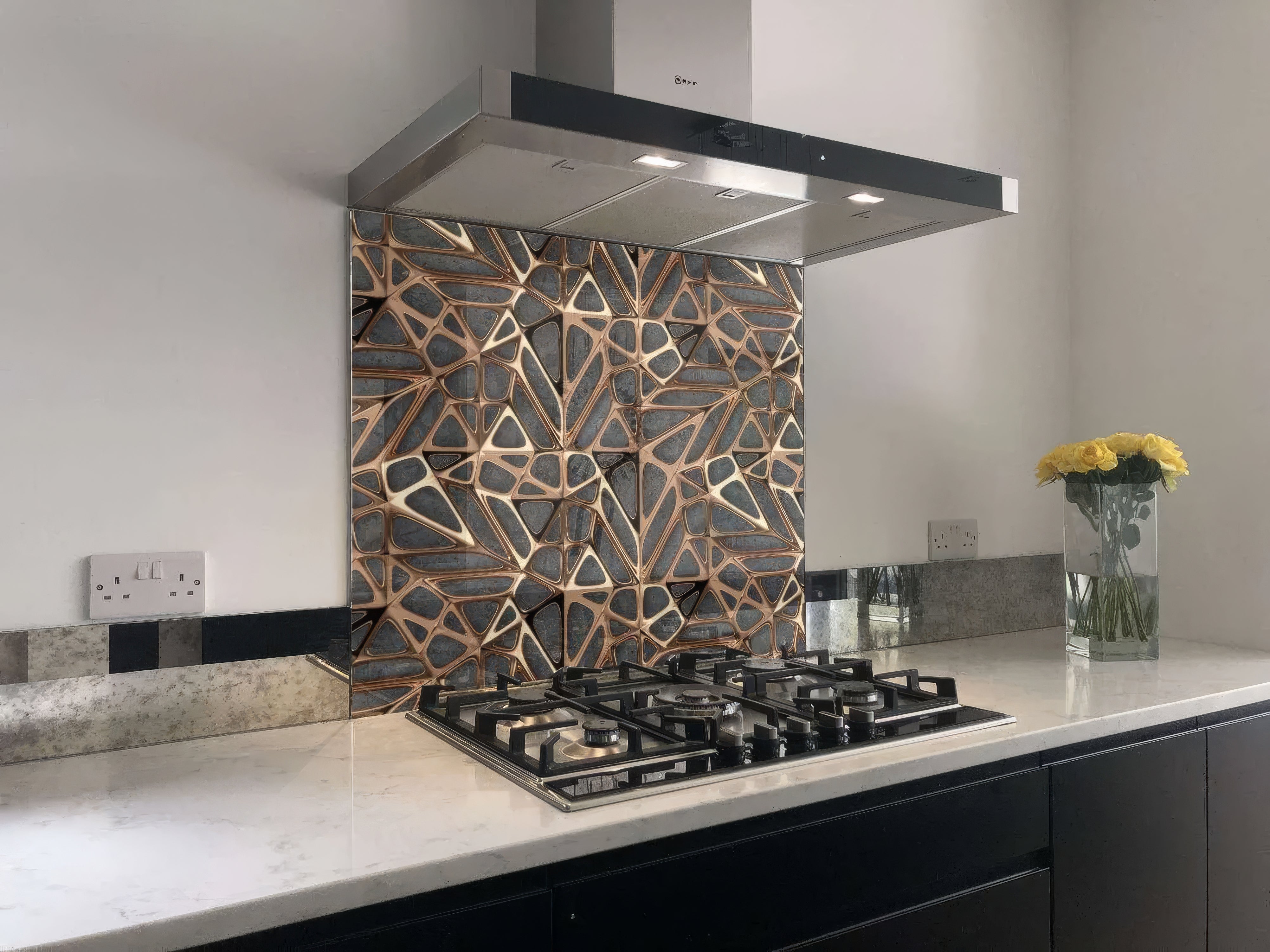 Gold Copper Lattice Grid on Concrete Shower Panel By Hyperion Tiles