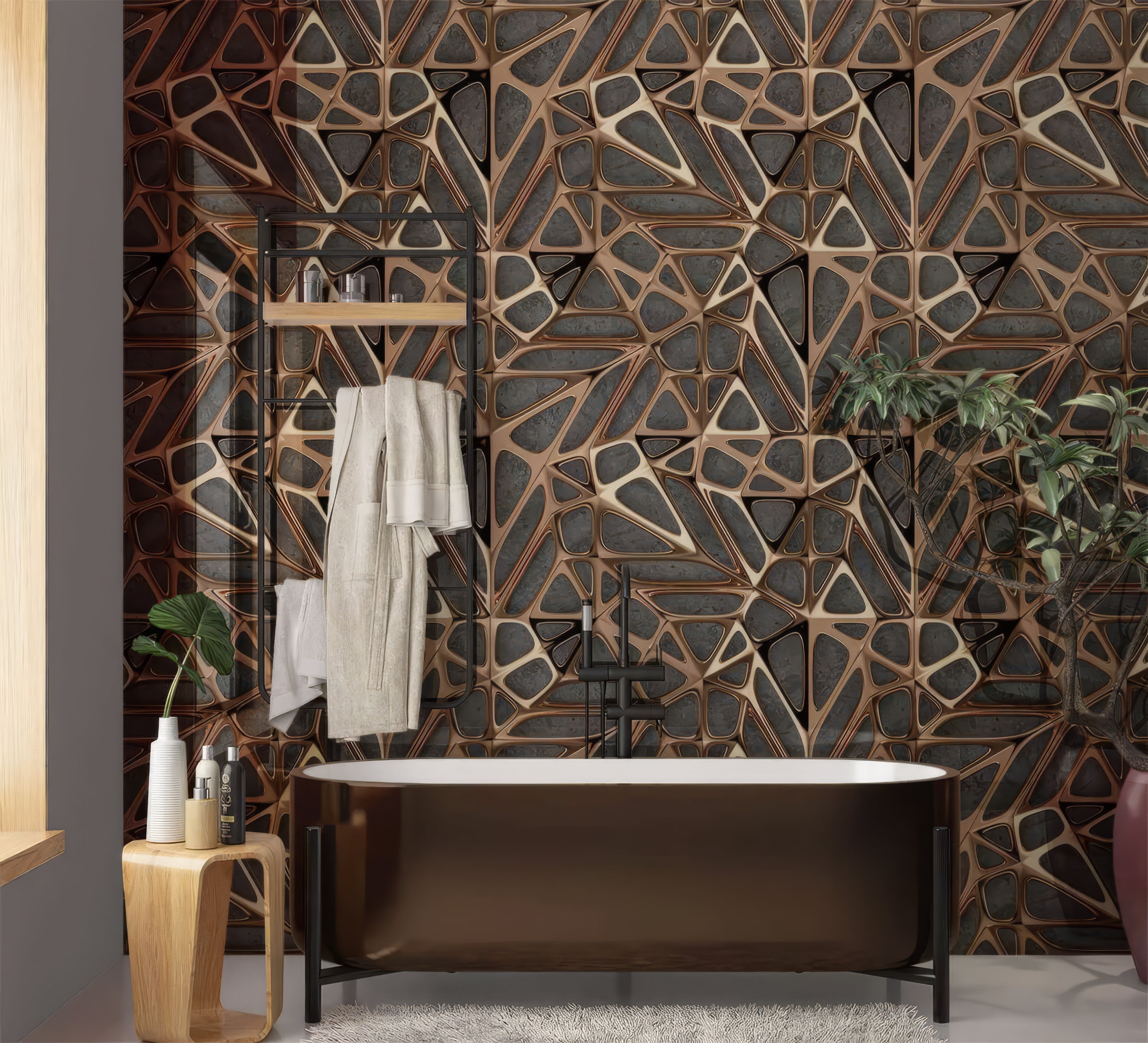 Gold Copper Lattice Grid on Concrete Shower Panel By Hyperion Tiles