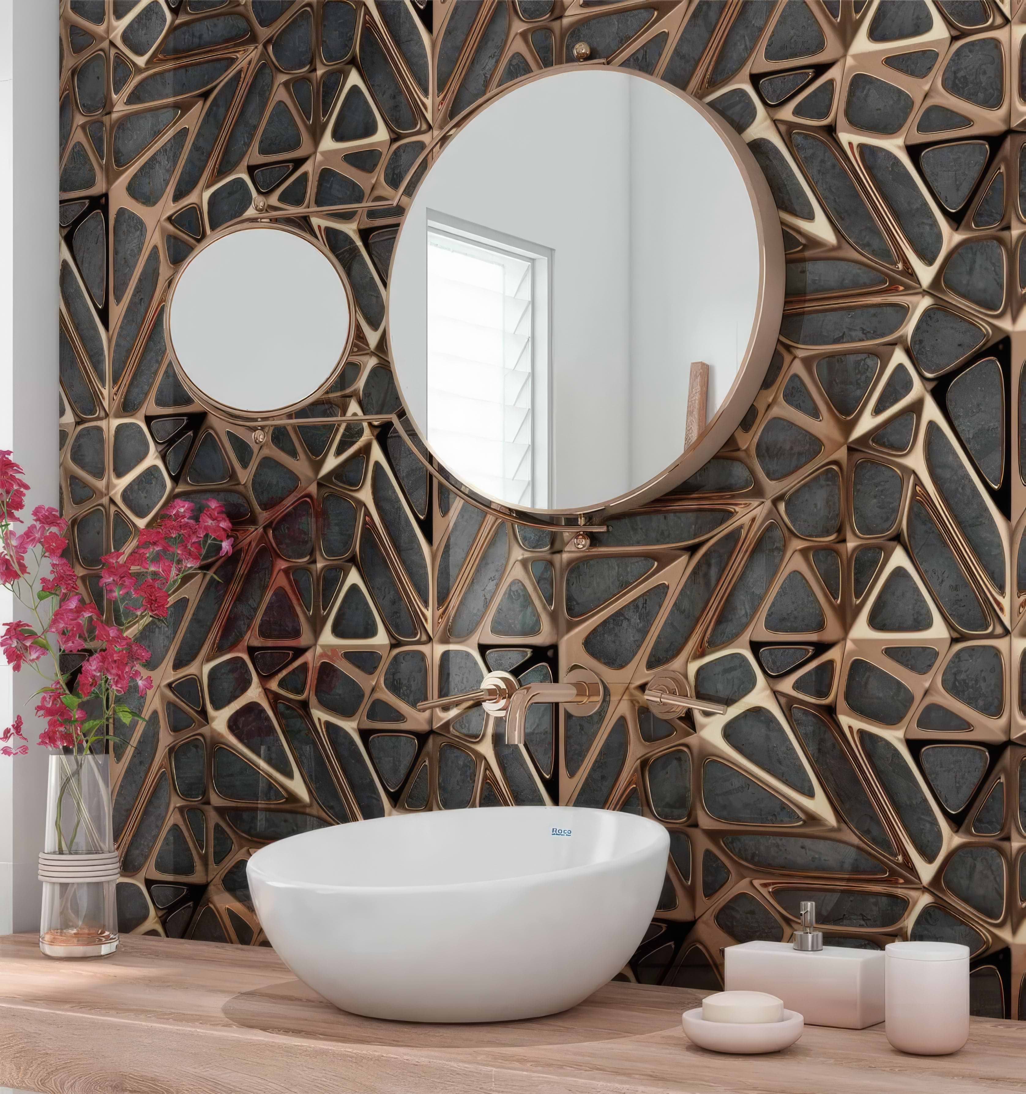 Gold Copper Lattice Grid on Concrete Shower Panel By Hyperion Tiles