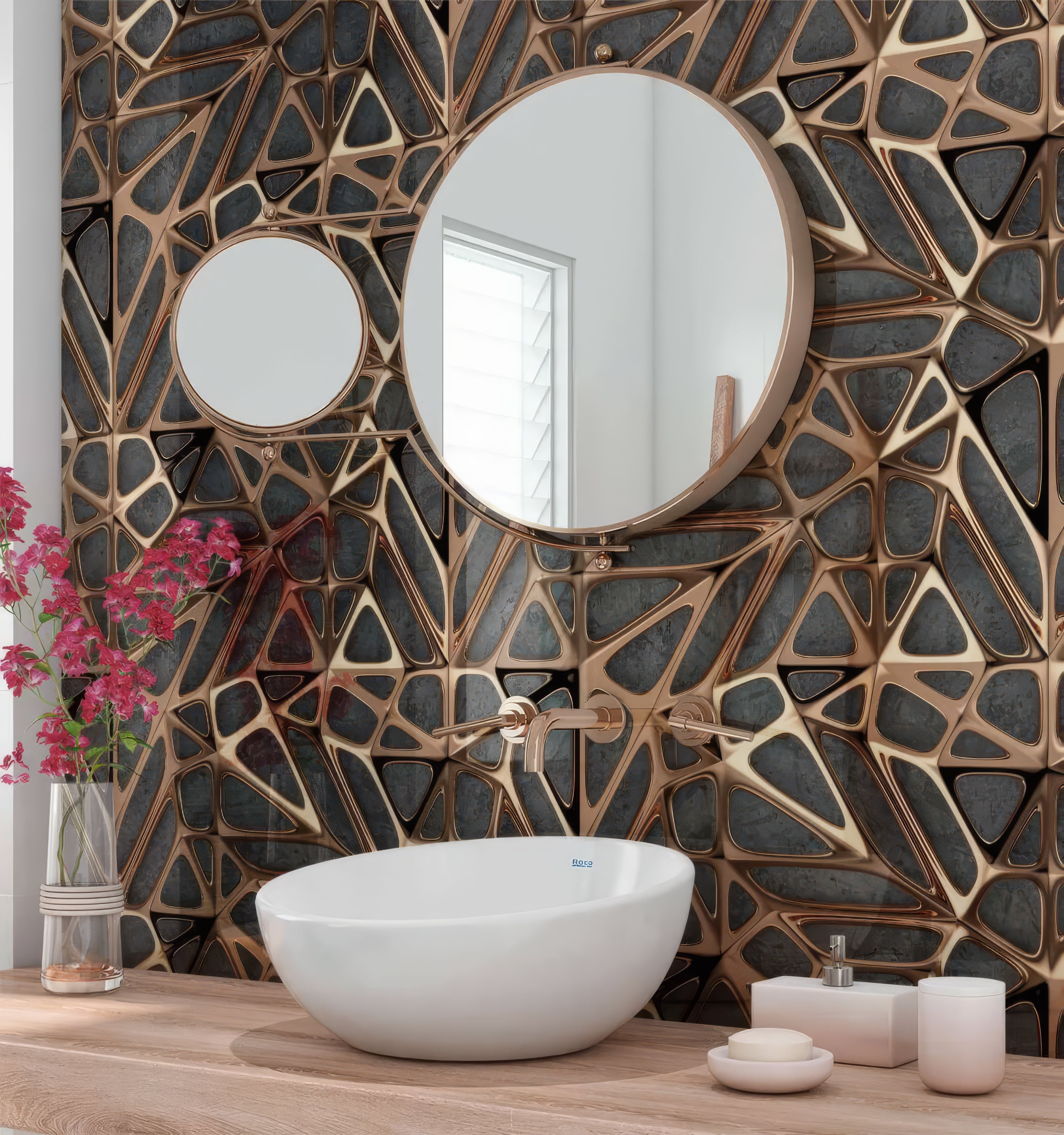 Gold Copper Lattice Grid on Concrete Shower Panel By Hyperion Tiles