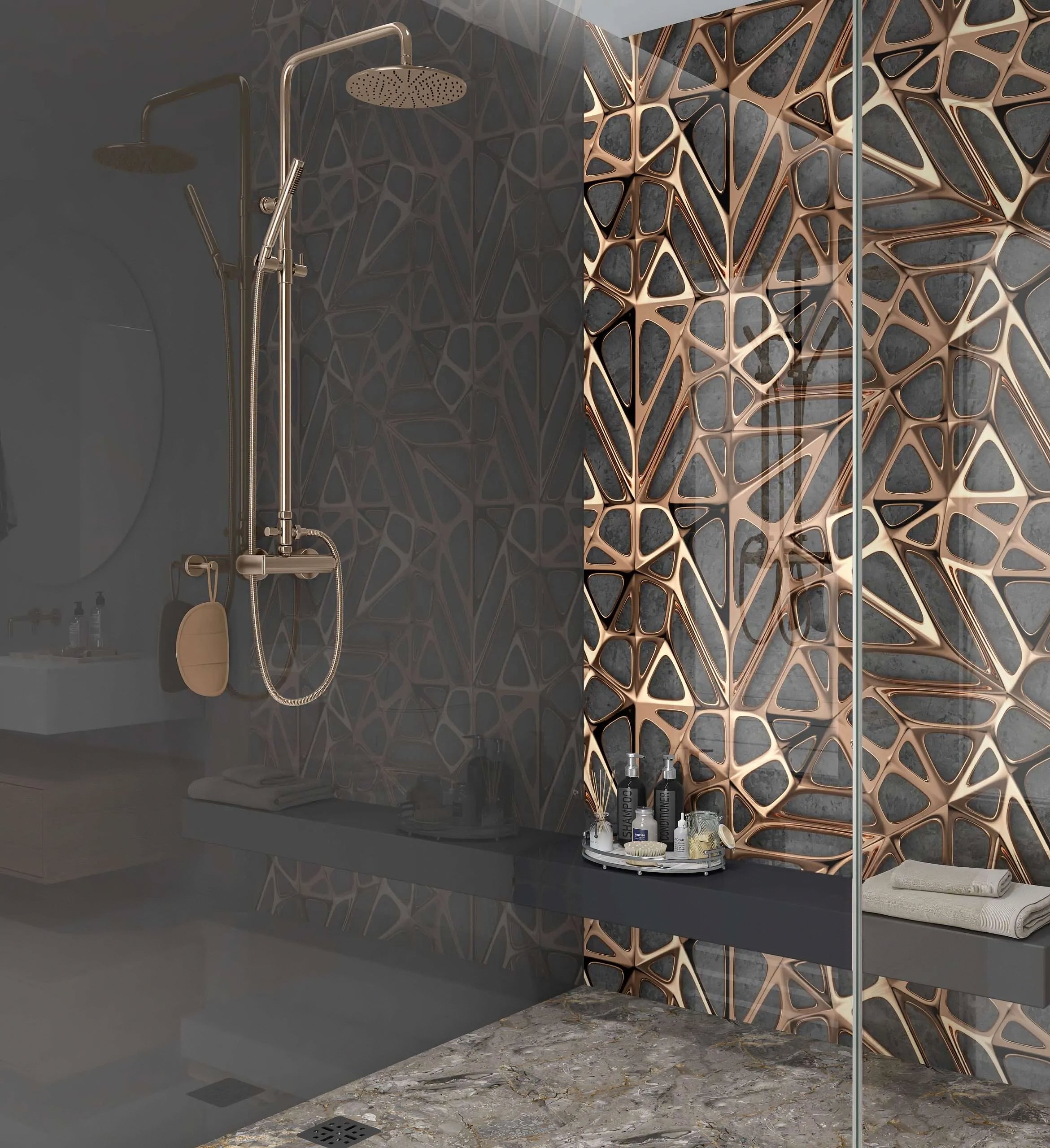 Gold Copper Lattice Grid on Concrete Shower Panel By Hyperion Tiles