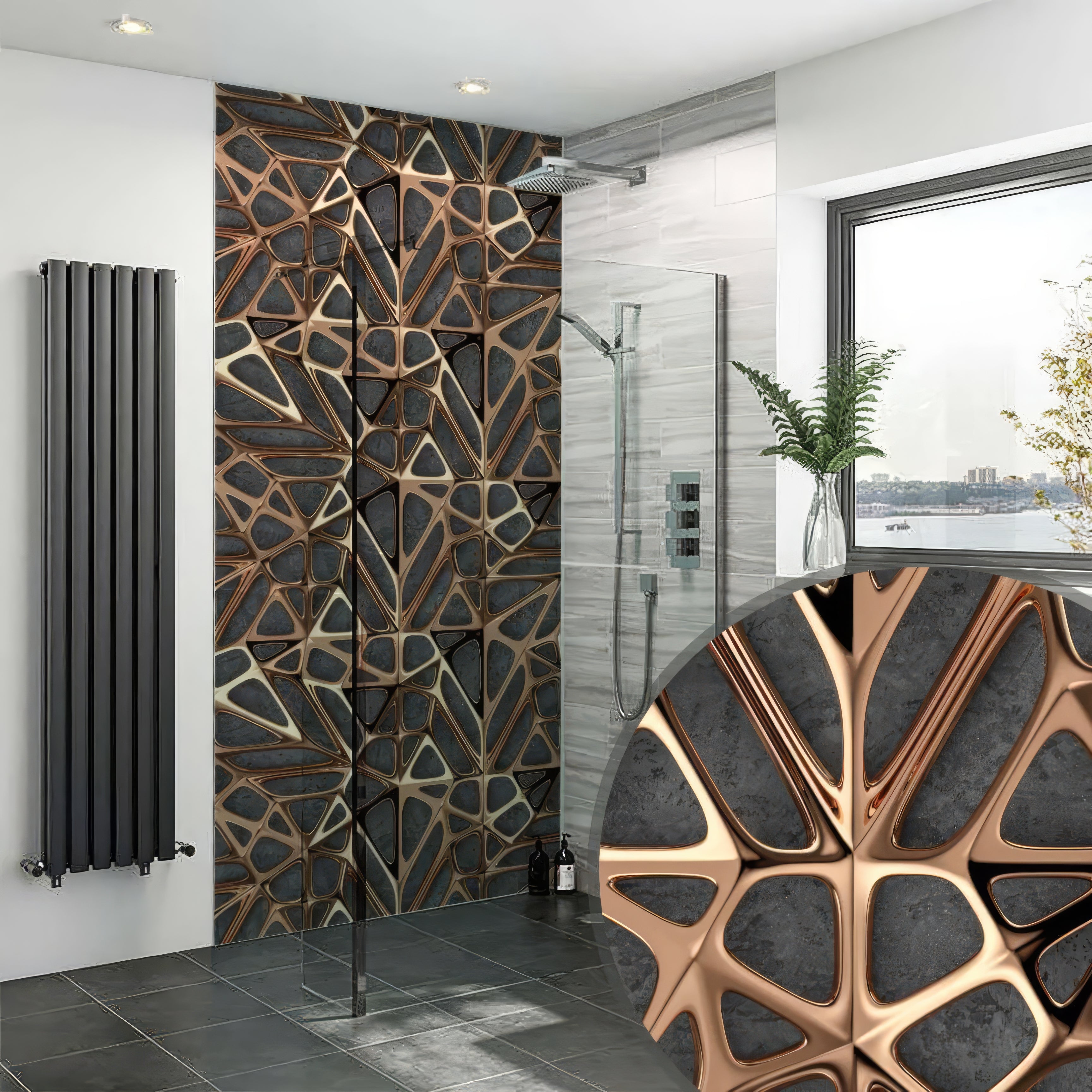 Gold Copper Lattice Grid on Concrete Shower Panel By Hyperion Tiles