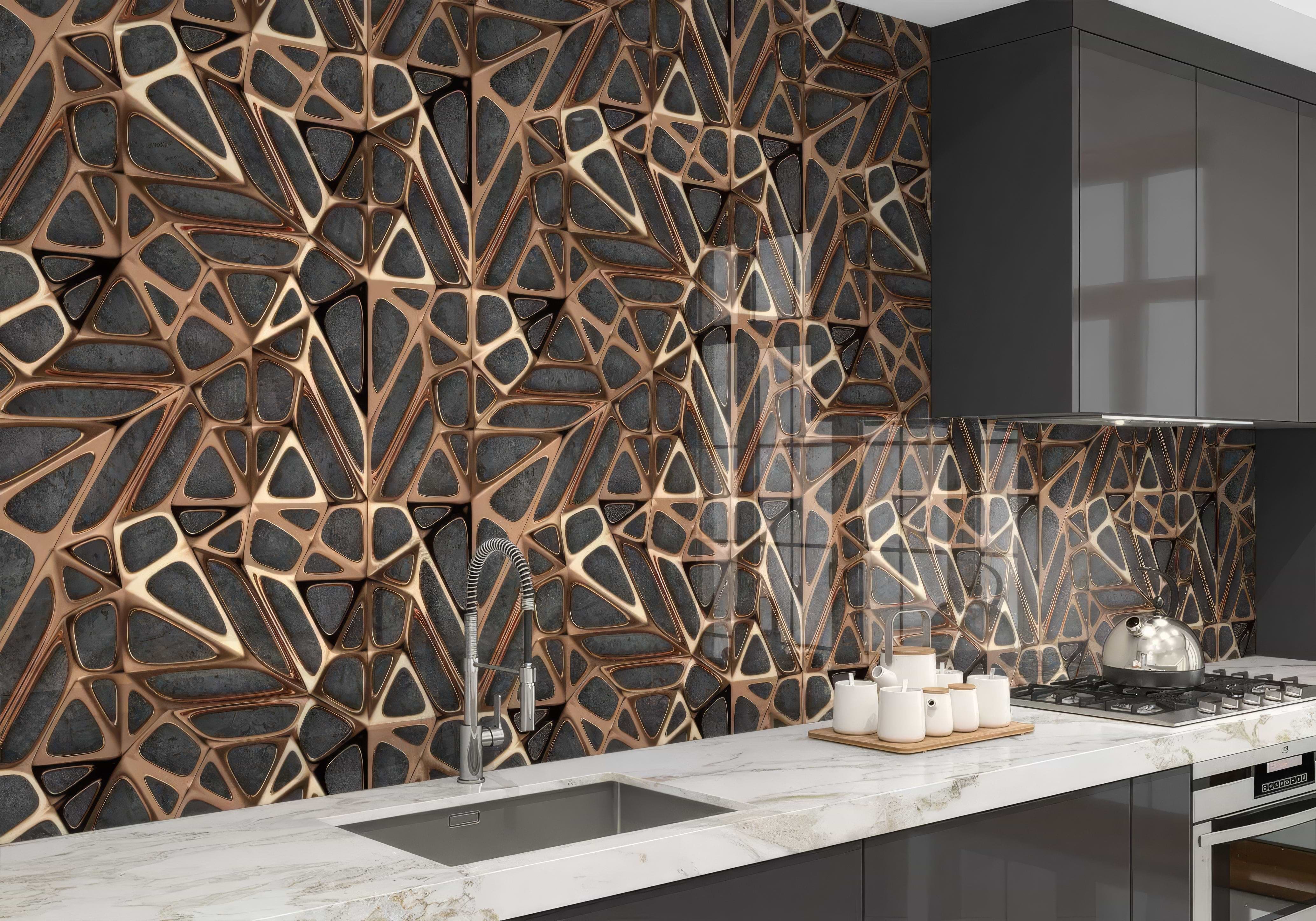 Gold Copper Lattice Grid on Concrete Shower Panel By Hyperion Tiles