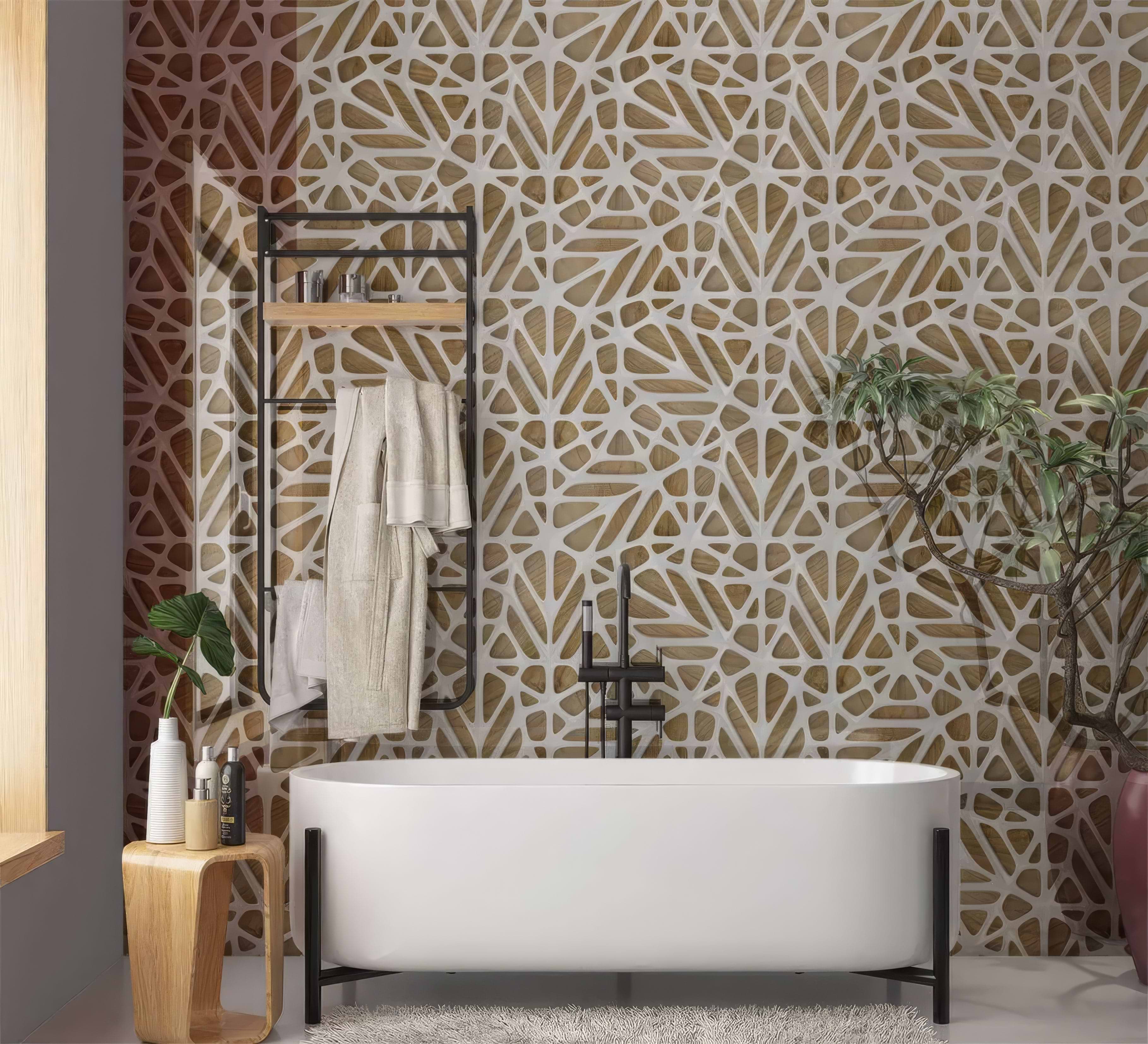 White Lattice Tiles Wooden Shower Panel By Hyperion Tiles