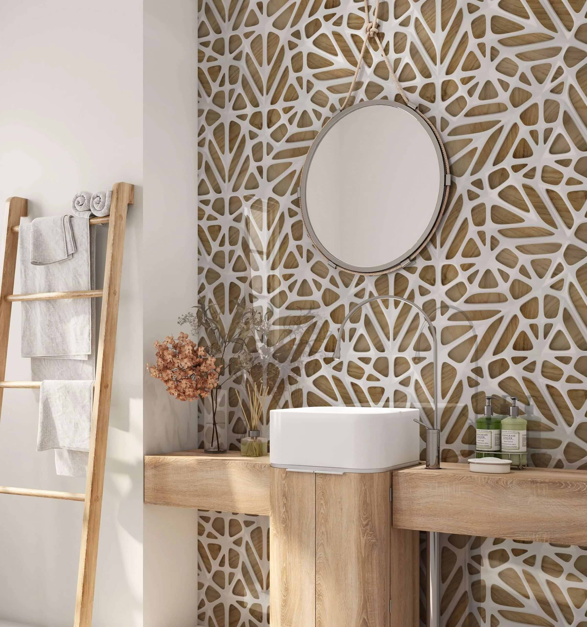 White Lattice Tiles Wooden Shower Panel By Hyperion Tiles