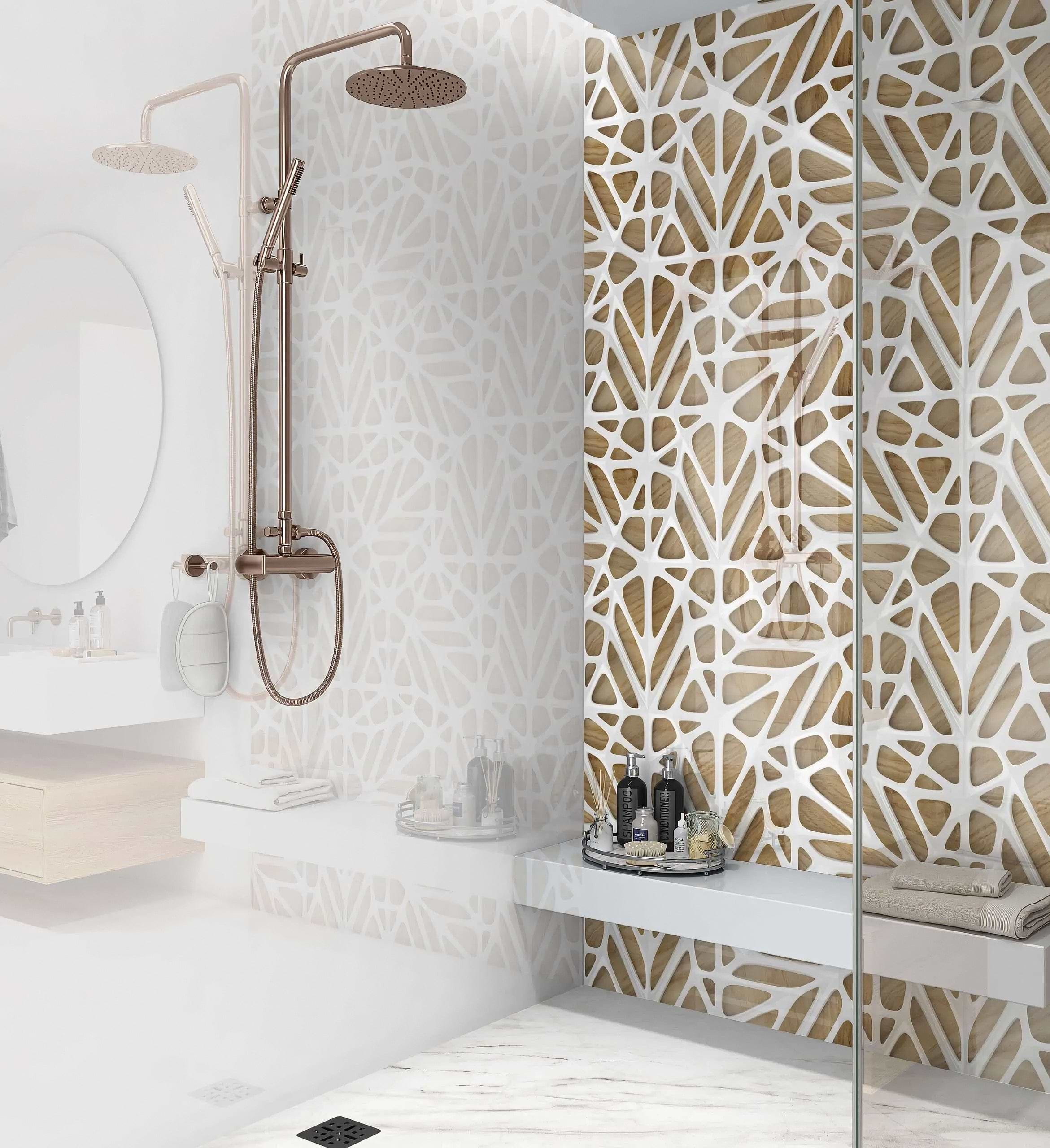 White Lattice Tiles Wooden Shower Panel By Hyperion Tiles