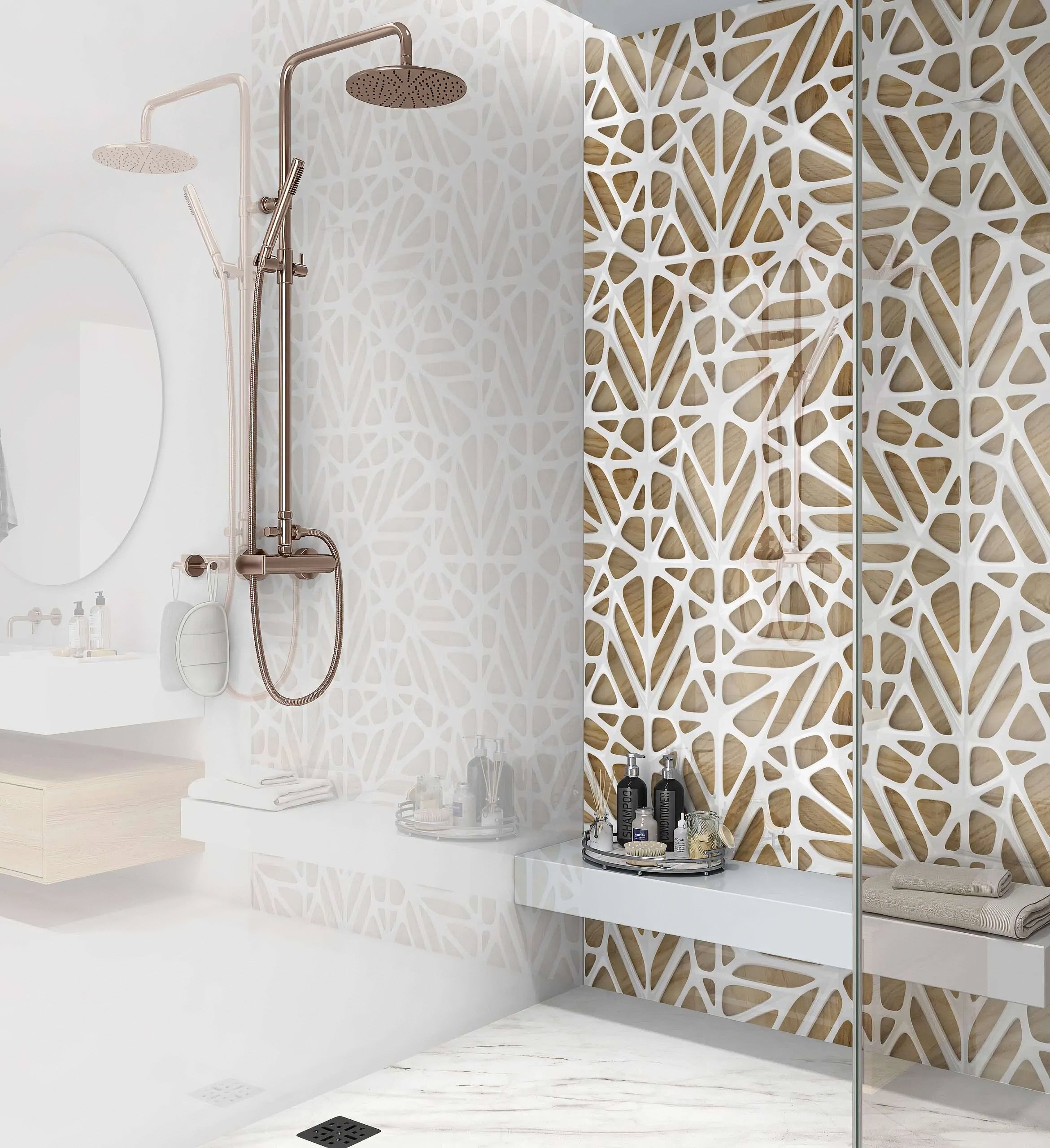White Lattice Tiles Wooden Shower Panel By Hyperion Tiles
