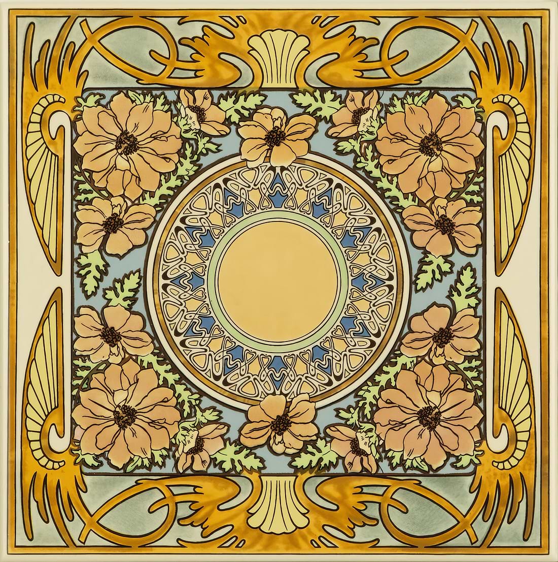 Alphonse Mucha Evening Reverie Single Floral Tile on County White - Hyperion Tiles