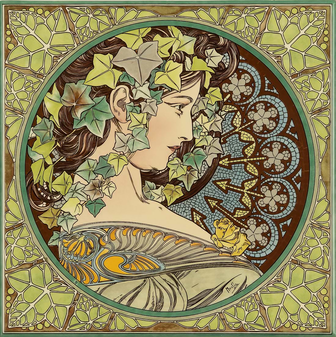 Alphonse Mucha Lady &amp; Ivy On County White - Hyperion Tiles