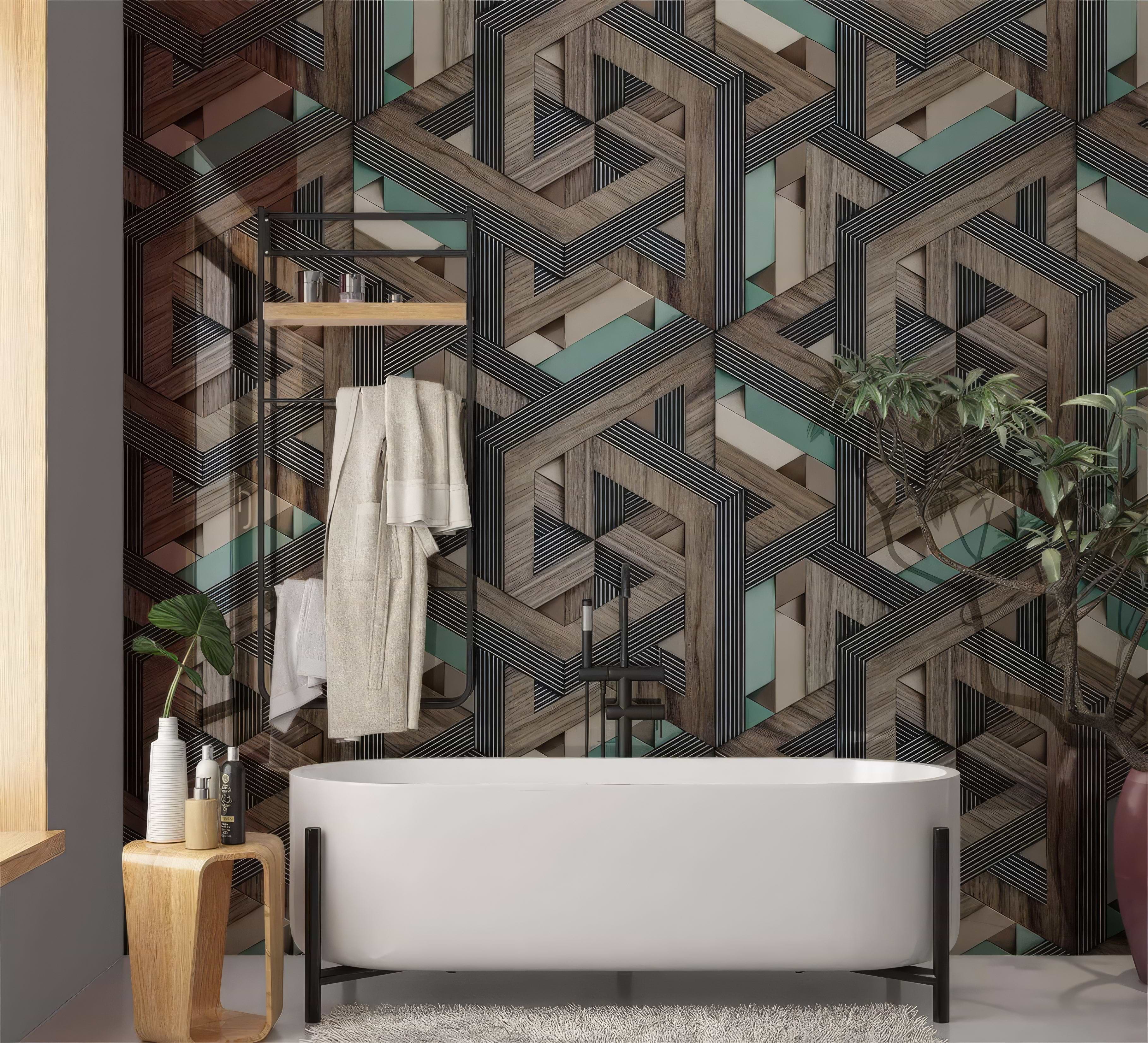 Aqua Wooden Strips 3D Shower Panel By Hyperion Tiles