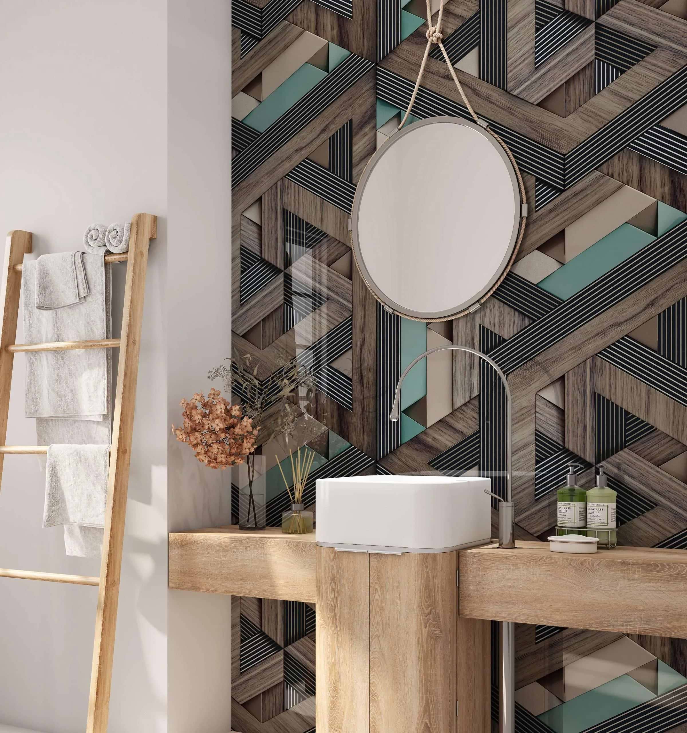 Aqua Wooden Strips 3D Shower Panel By Hyperion Tiles