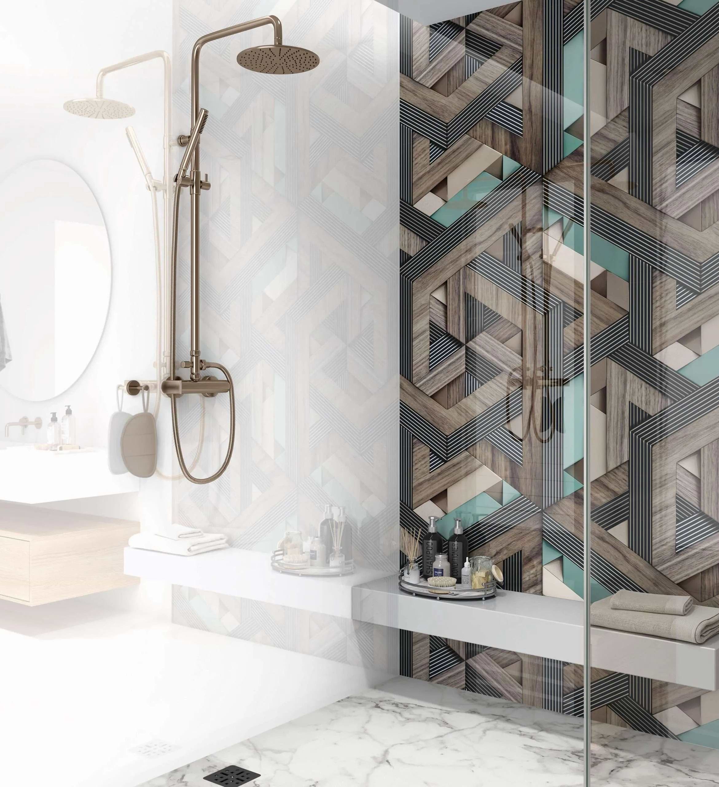 Aqua Wooden Strips 3D Shower Panel By Hyperion Tiles
