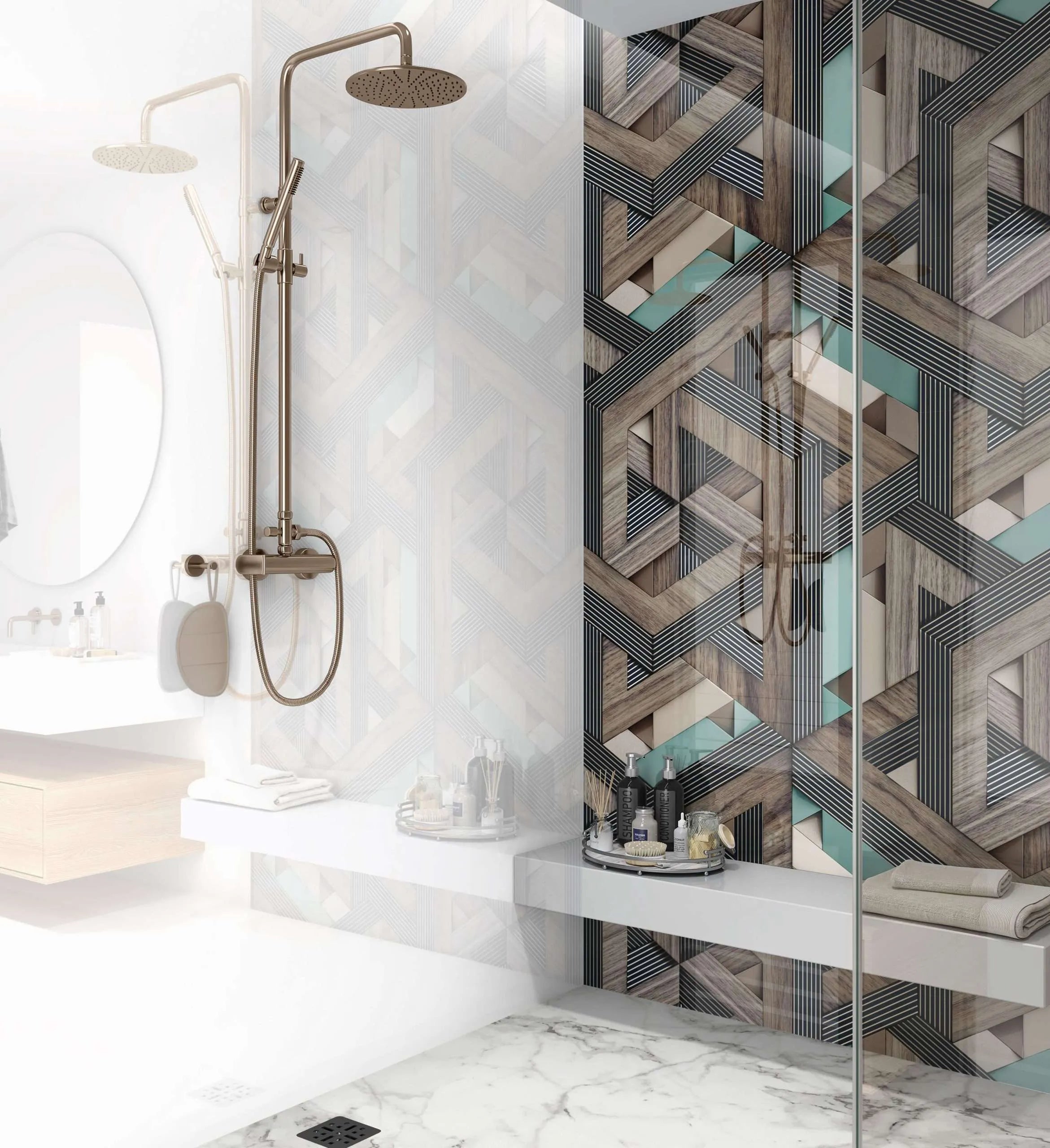 Aqua Wooden Strips 3D Shower Panel By Hyperion Tiles