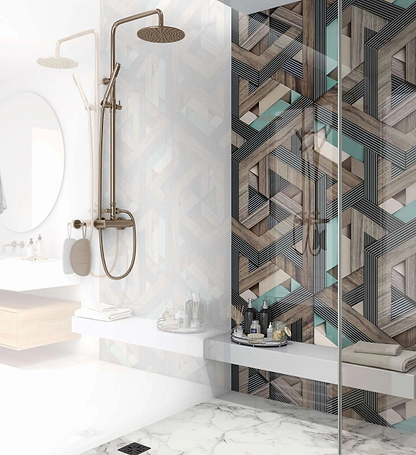Aqua Wooden Strips 3D Shower Panel By Hyperion Tiles