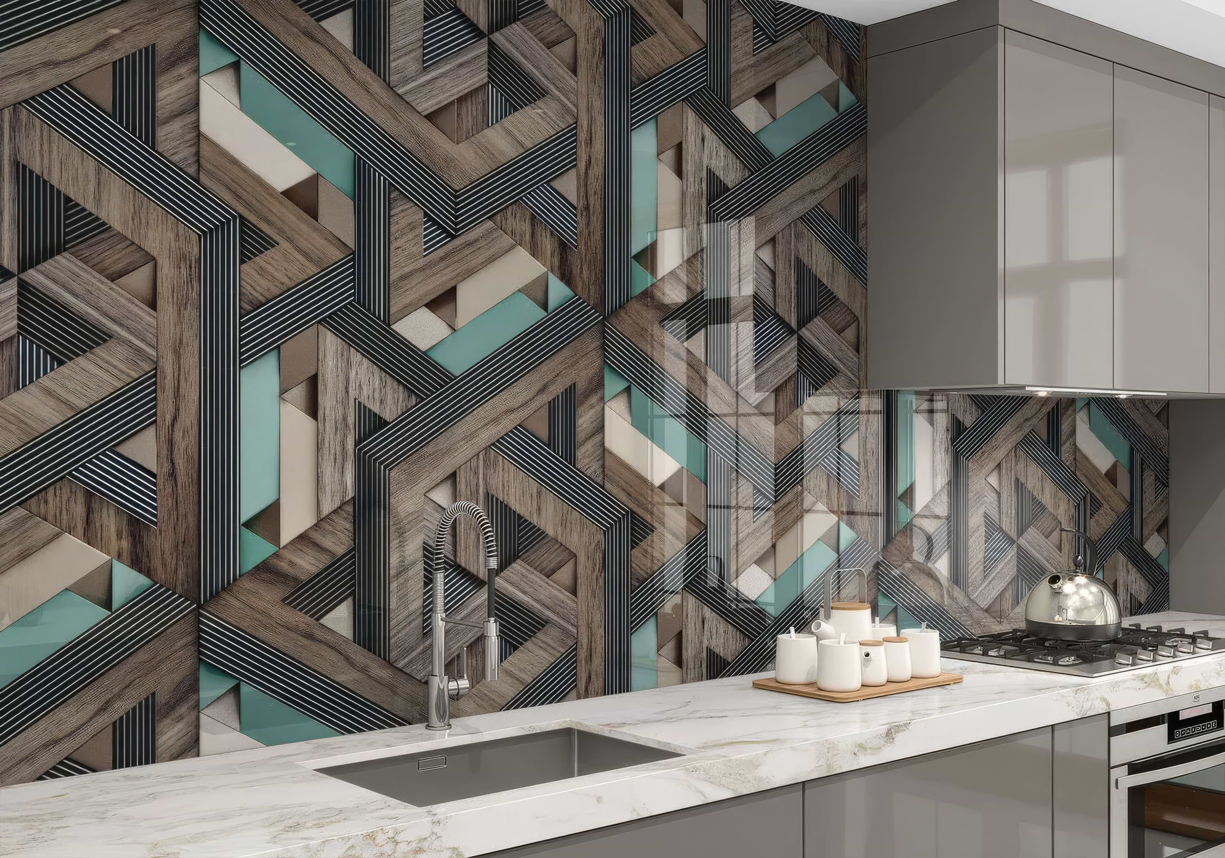 Aqua Wooden Strips 3D Shower Panel By Hyperion Tiles