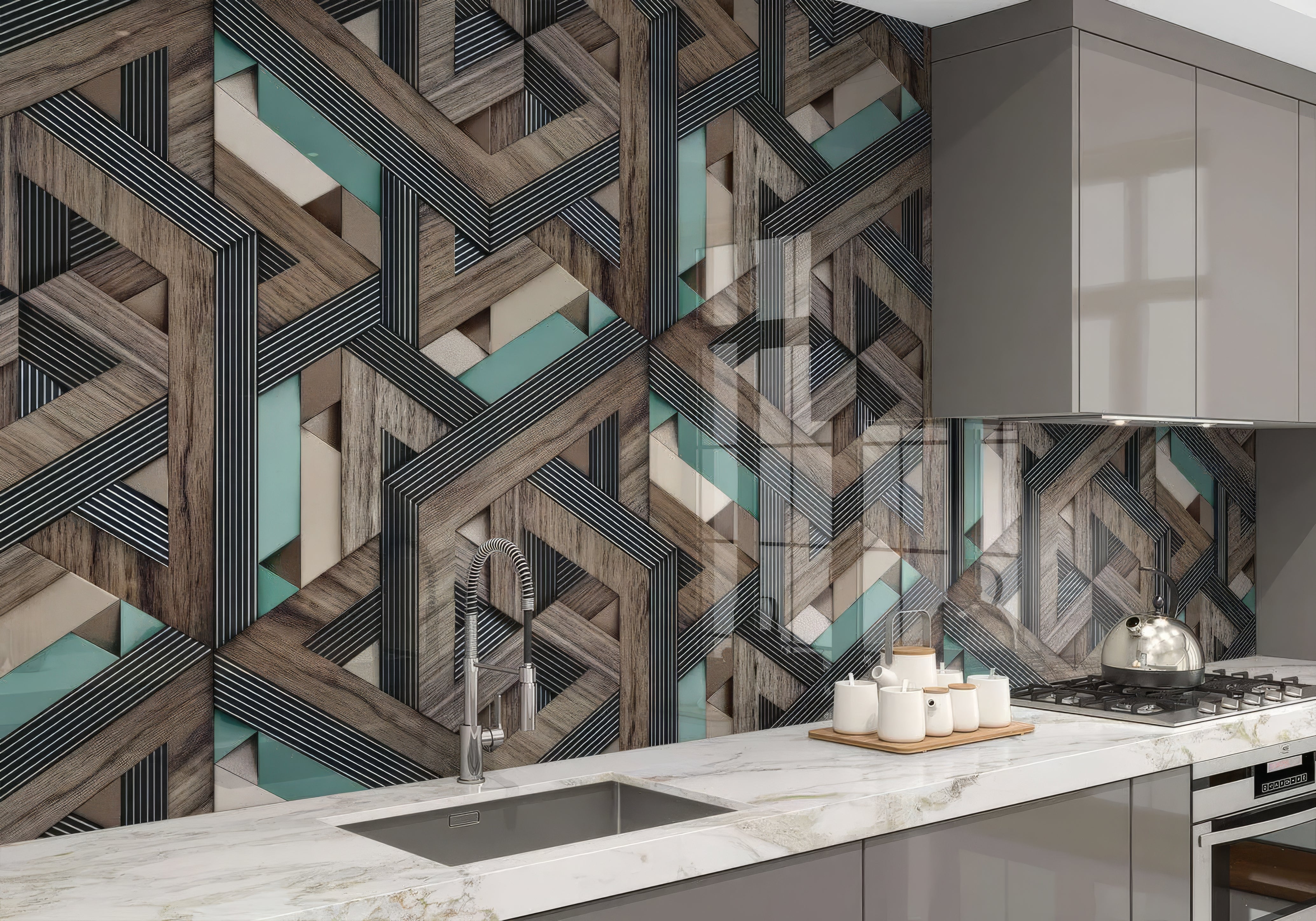 Aqua Wooden Strips 3D Shower Panel By Hyperion Tiles