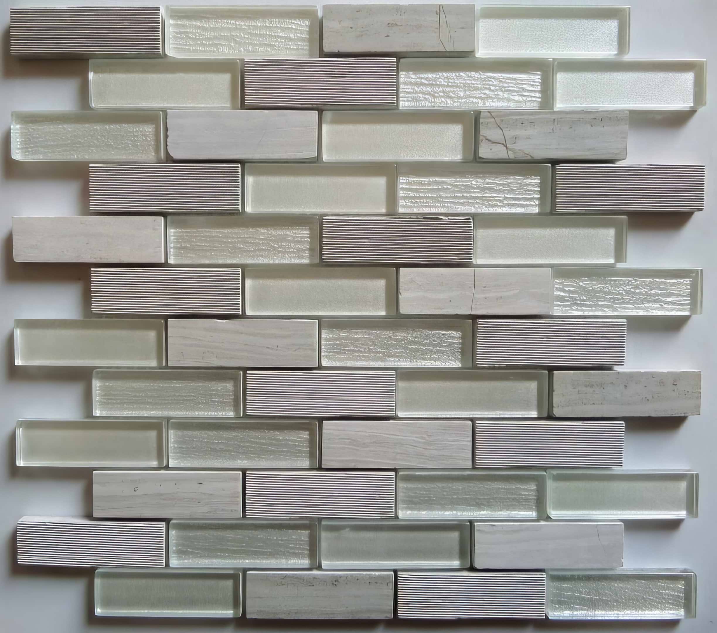 Bailey Grey-White Glass & Stone Mix Brick Mosaic - Hyperion Tiles