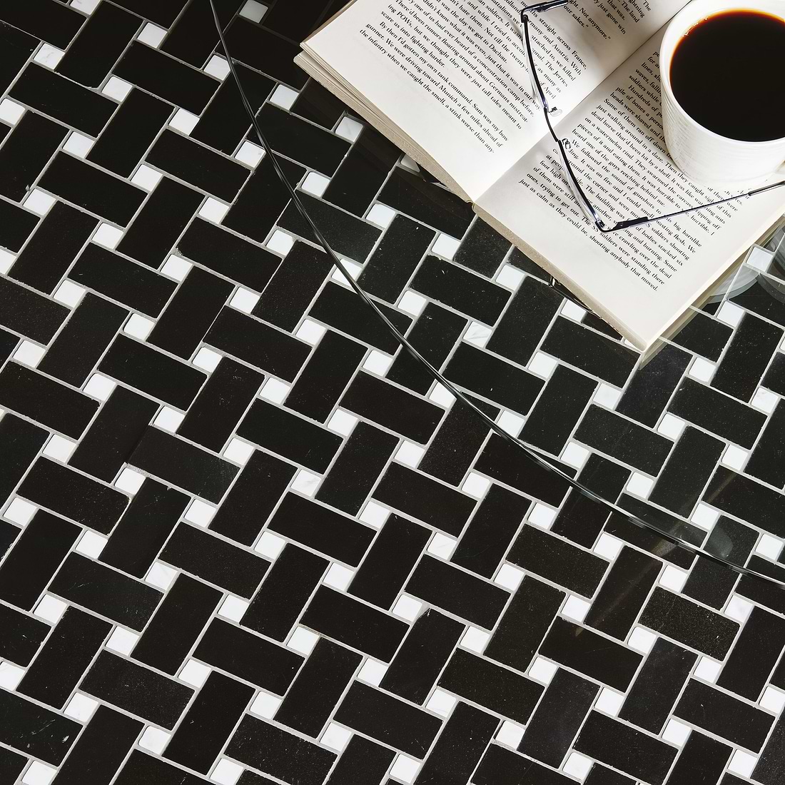 Basketweave (Black with White dot) Polished Marble Mosaic - Hyperion Tiles