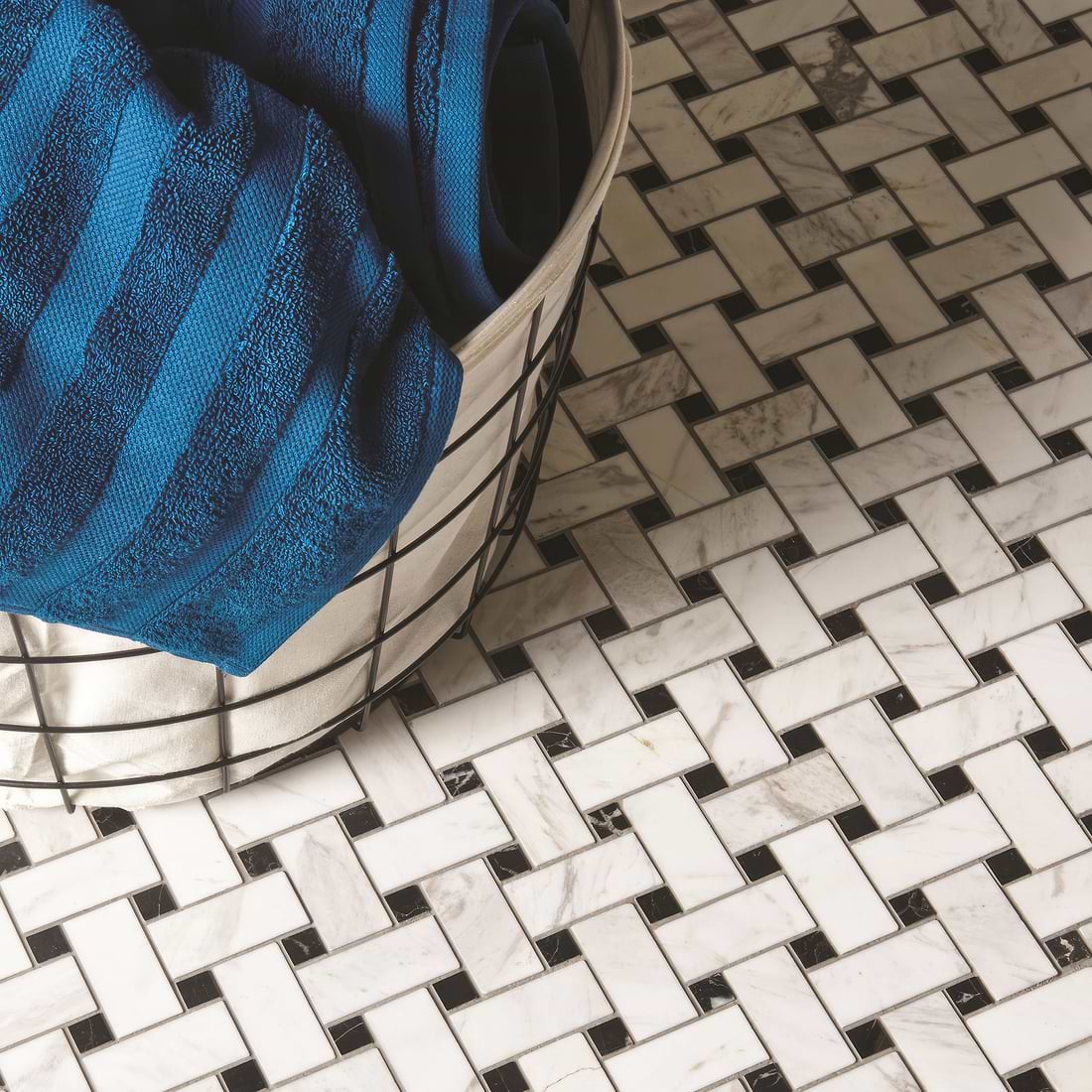 Basketweave (White with Black dot) Polished Marble Mosaic - Hyperion Tiles