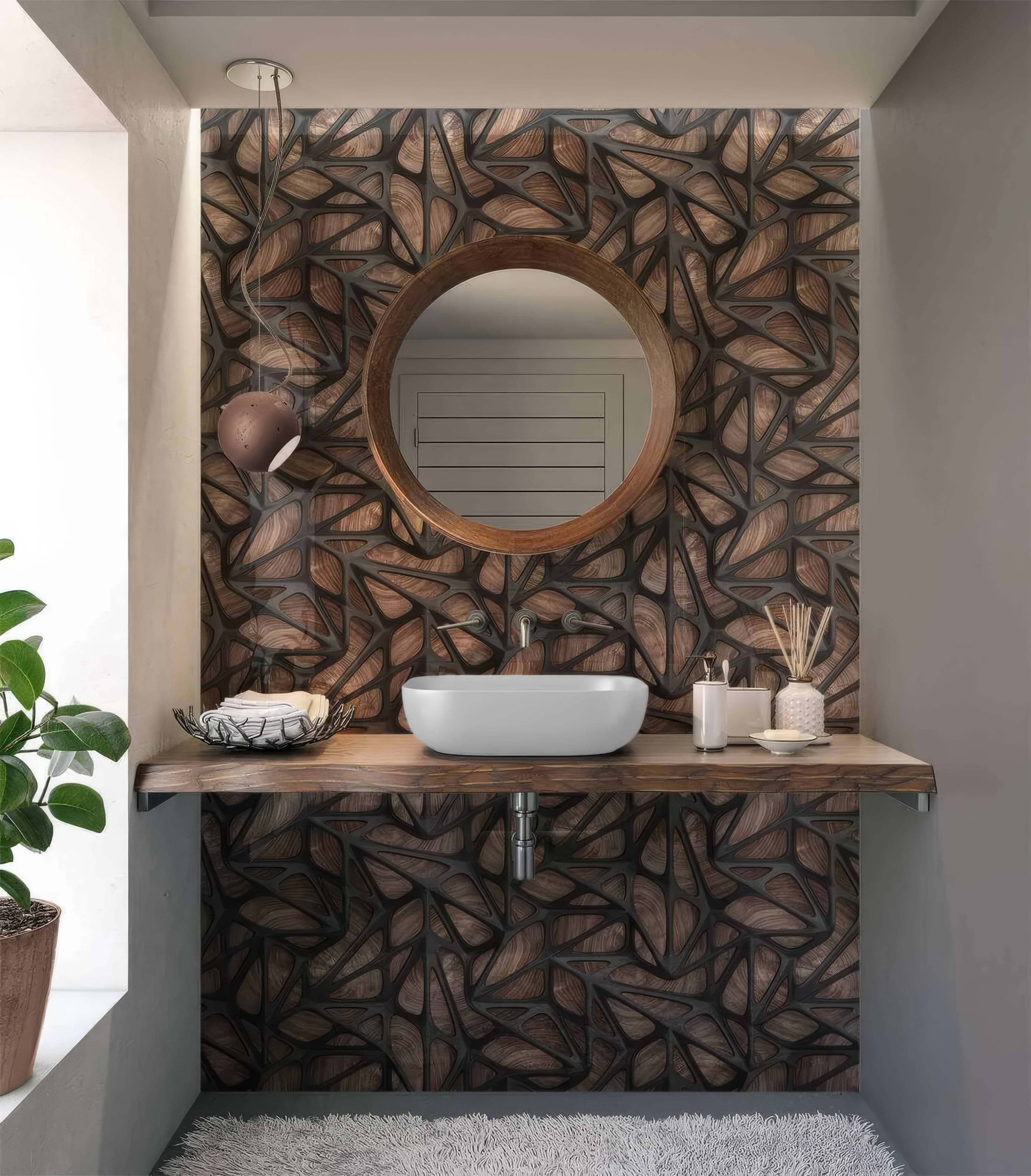 Black Grid on Wood Shower Panel By Hyperion Tiles