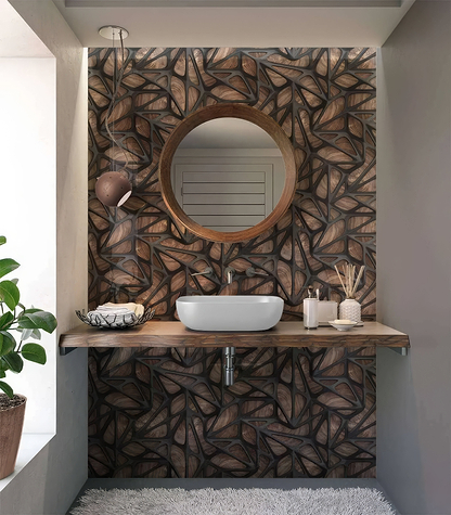 Black Grid on Wood Shower Panel By Hyperion Tiles
