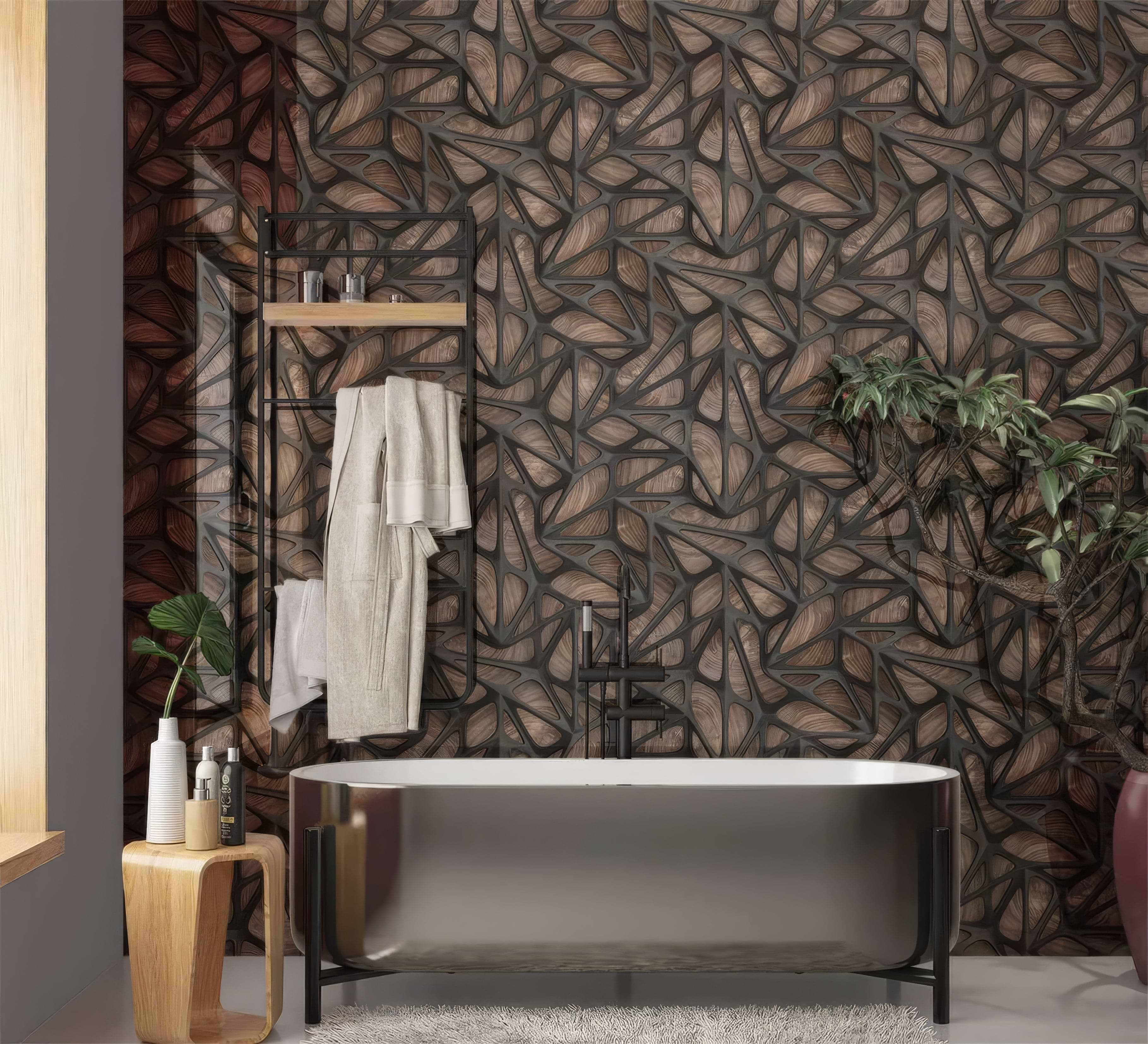 Black Grid on Wood Shower Panel By Hyperion Tiles