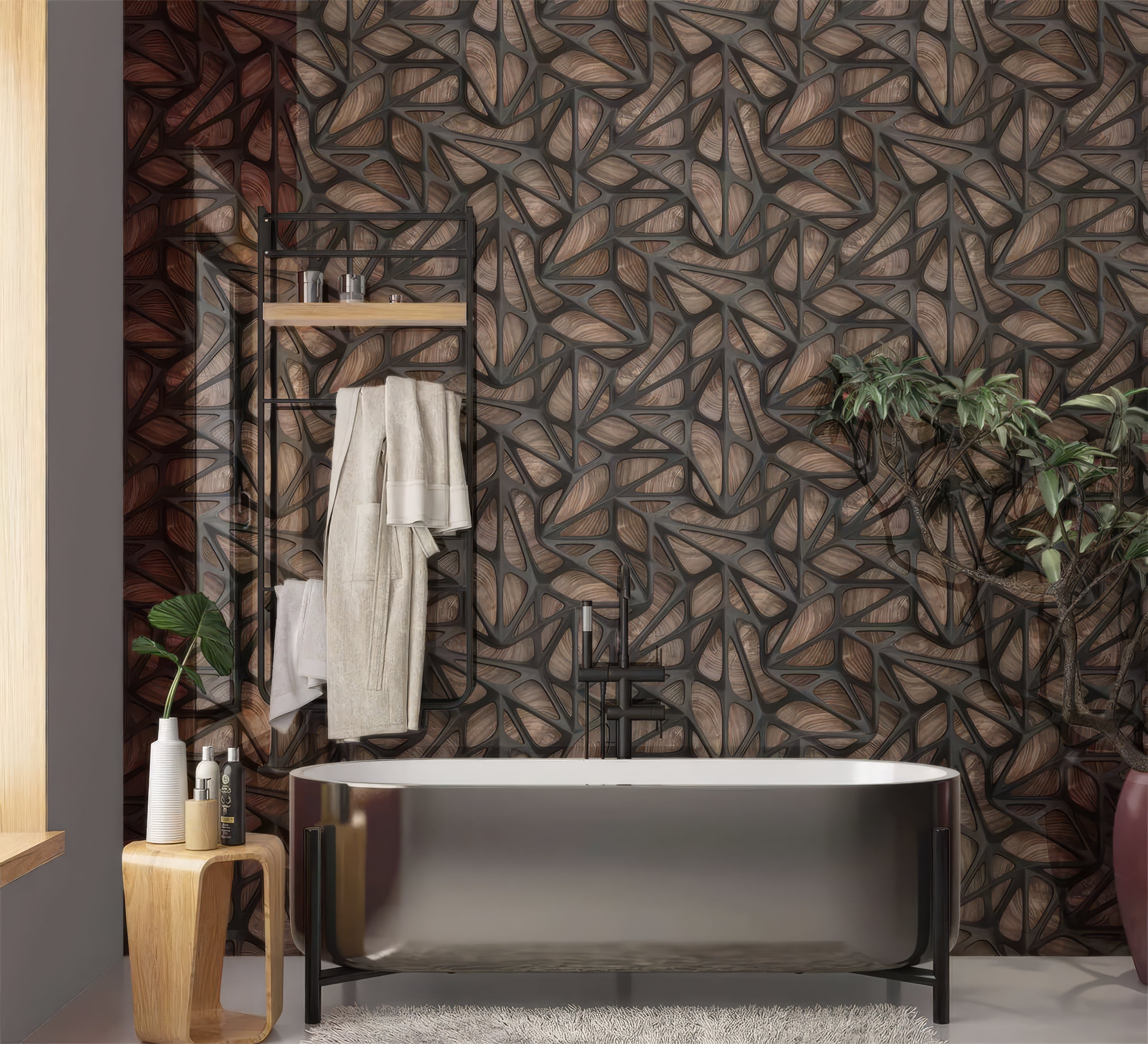 Black Grid on Wood Shower Panel By Hyperion Tiles