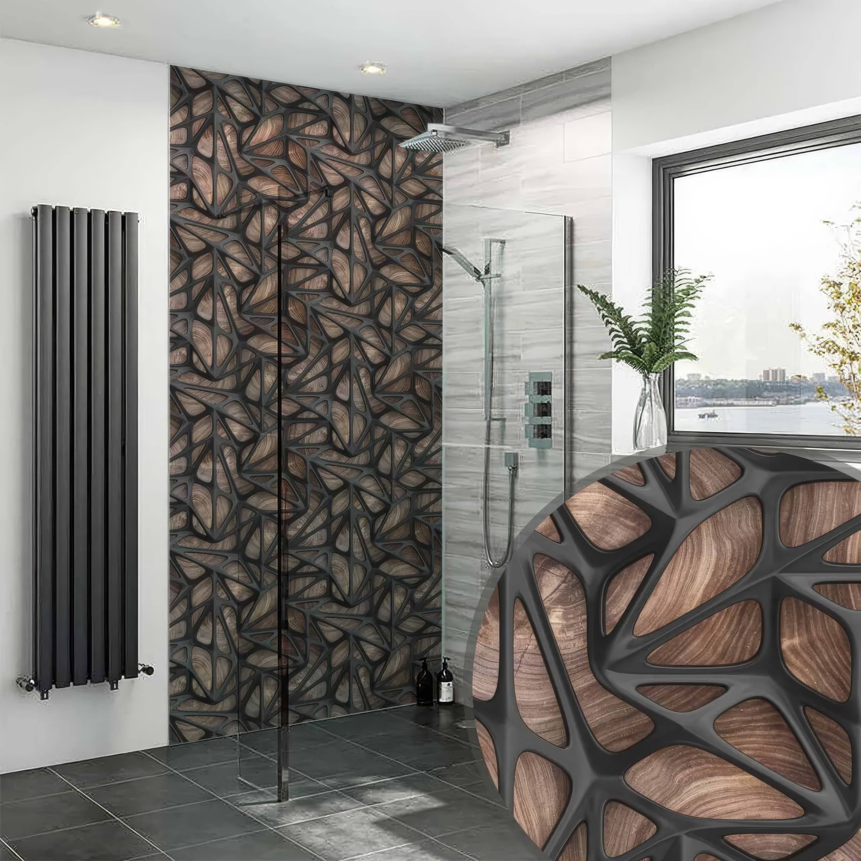 Black Grid on Wood Shower Panel By Hyperion Tiles