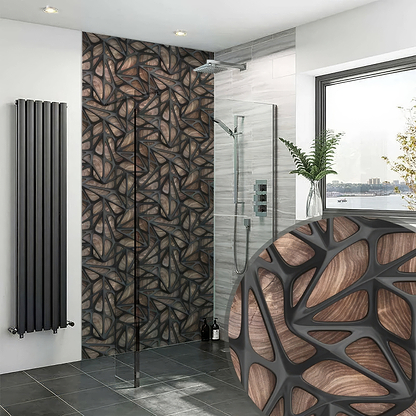 Black Grid on Wood Shower Panel By Hyperion Tiles