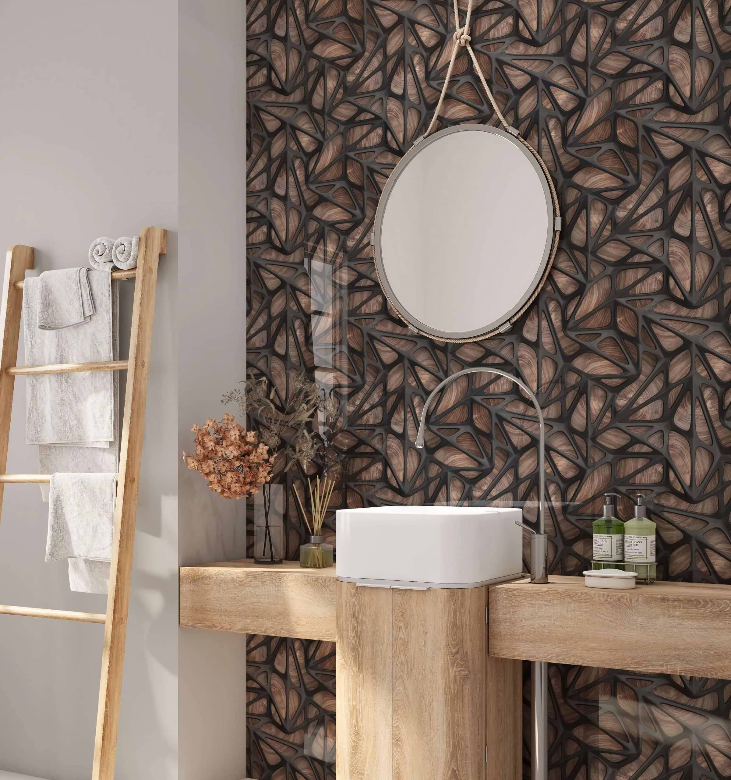 Black Grid on Wood Shower Panel By Hyperion Tiles