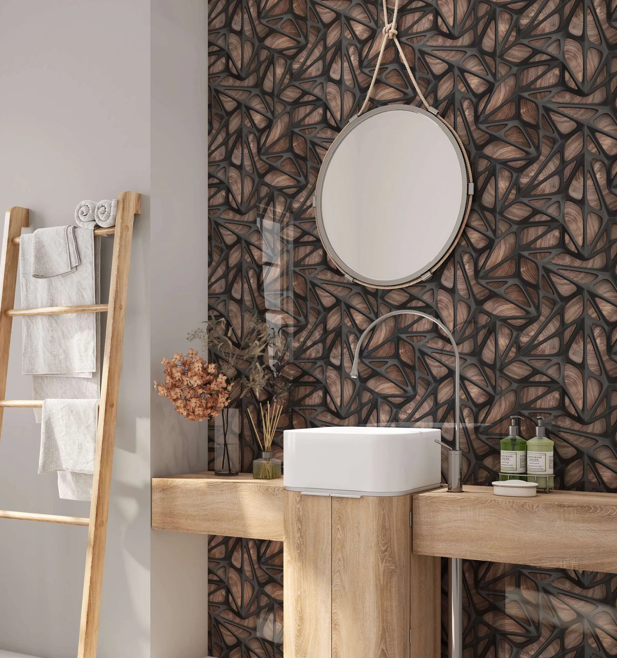 Black Grid on Wood Shower Panel By Hyperion Tiles
