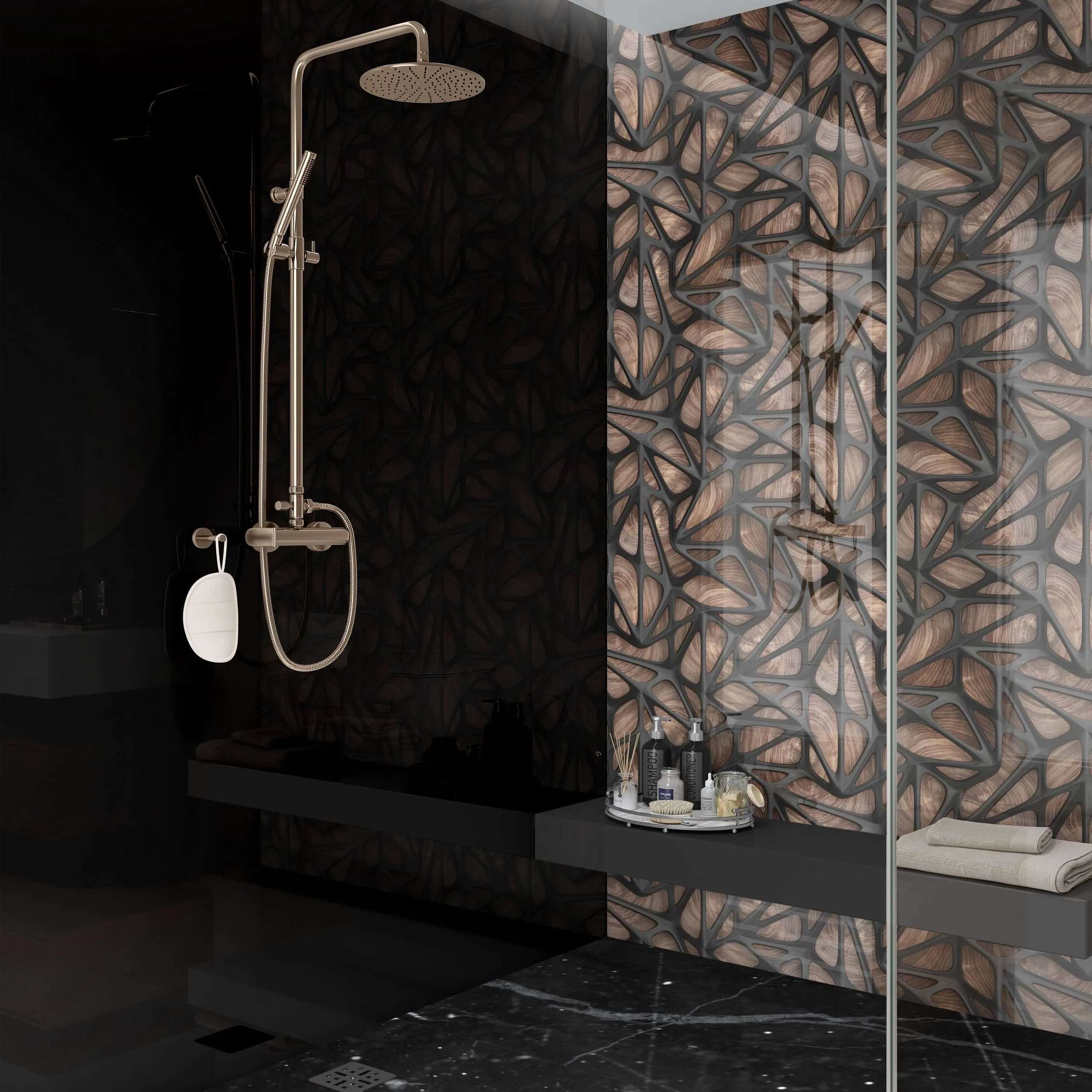 Black Grid on Wood Shower Panel By Hyperion Tiles