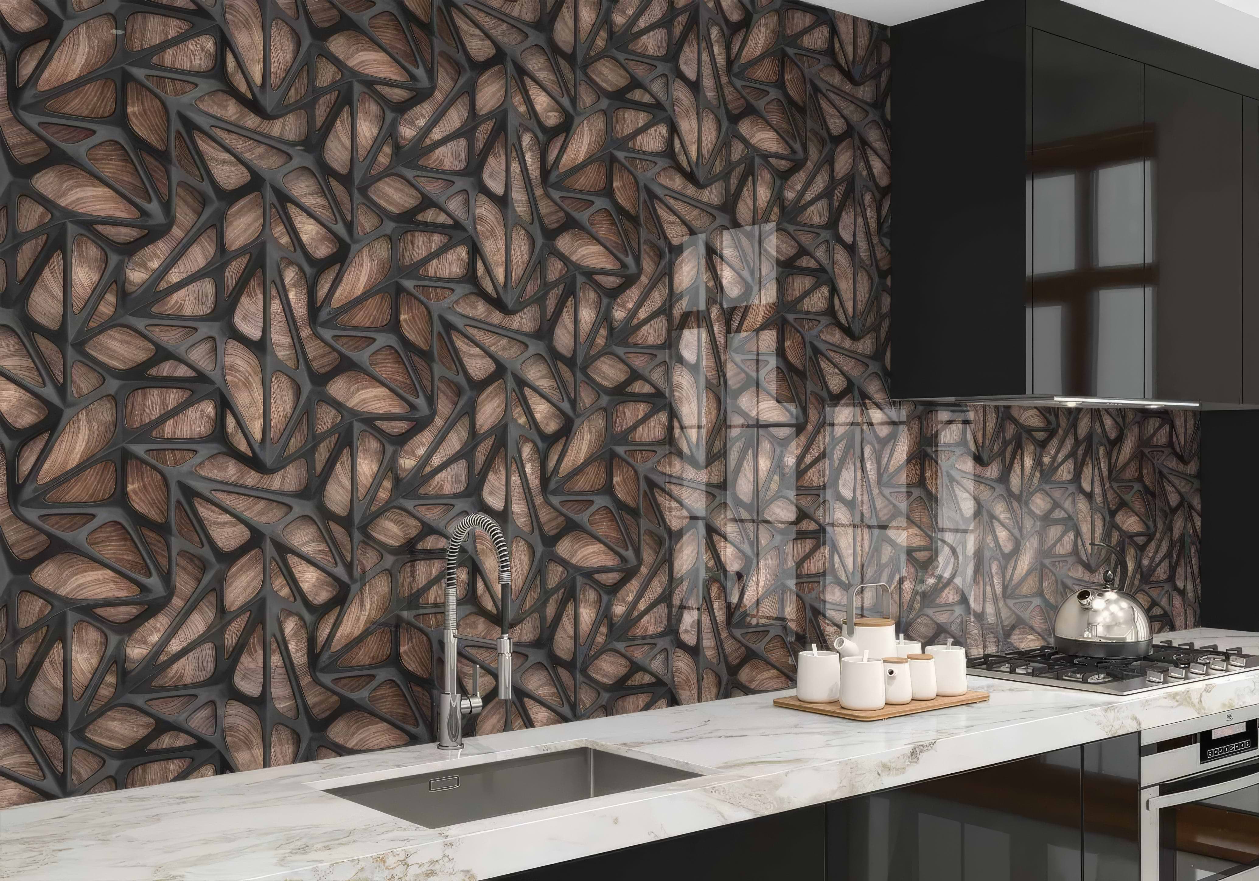 Black Grid on Wood Shower Panel By Hyperion Tiles