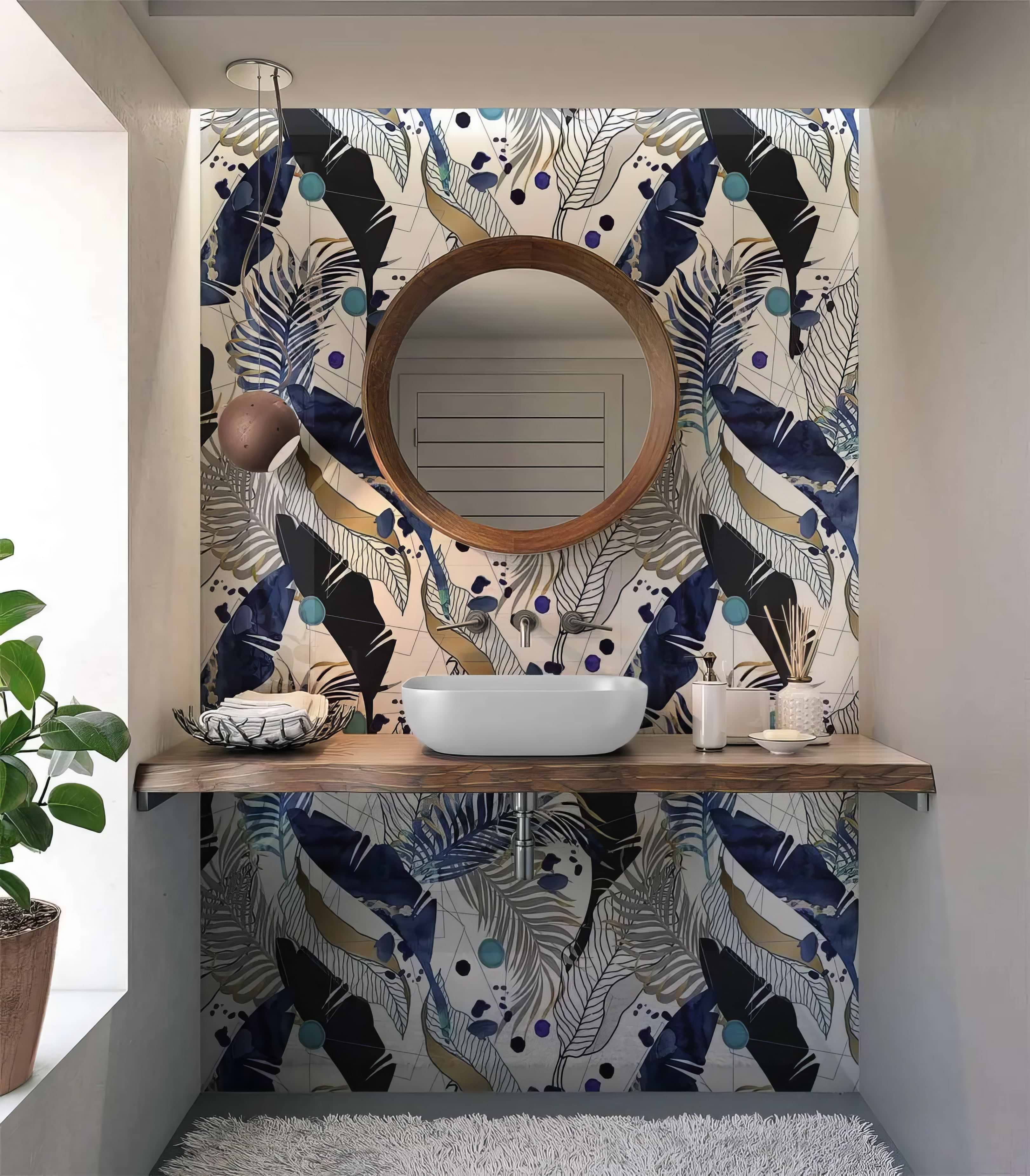 Black Gold Navy Leaves Feathers Shower Panel By Hyperion Tiles