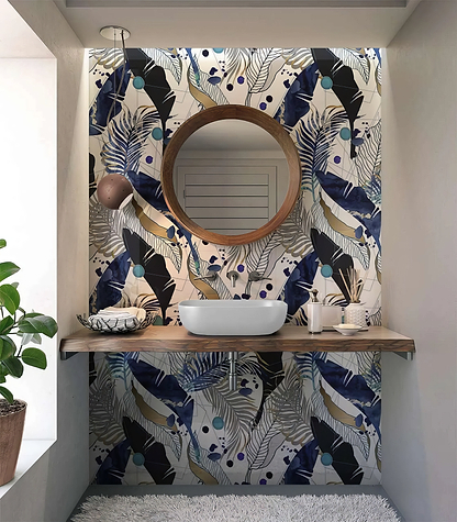 Black Gold Navy Leaves Feathers Shower Panel By Hyperion Tiles