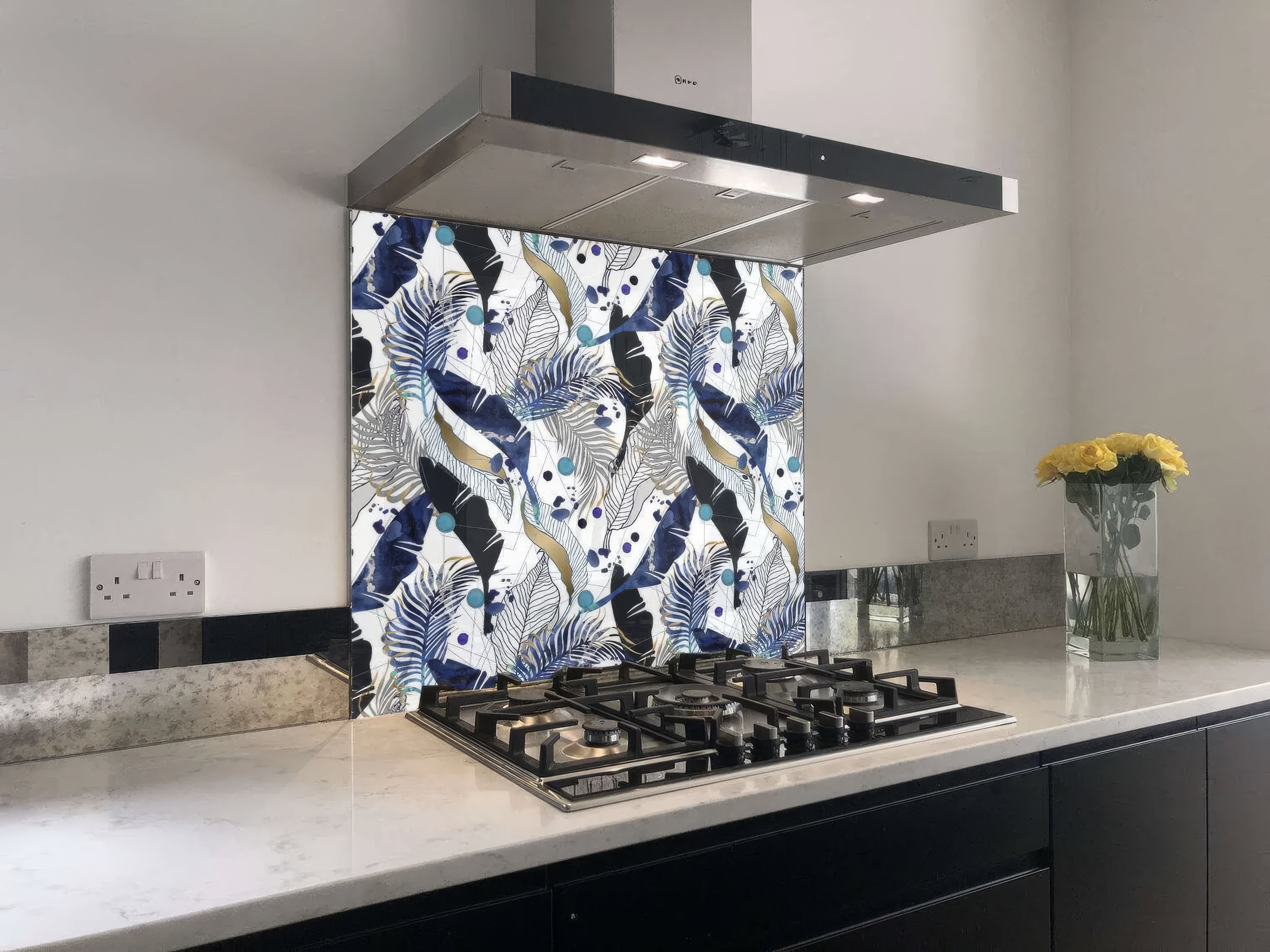 Black Gold Navy Leaves Feathers Shower Panel By Hyperion Tiles