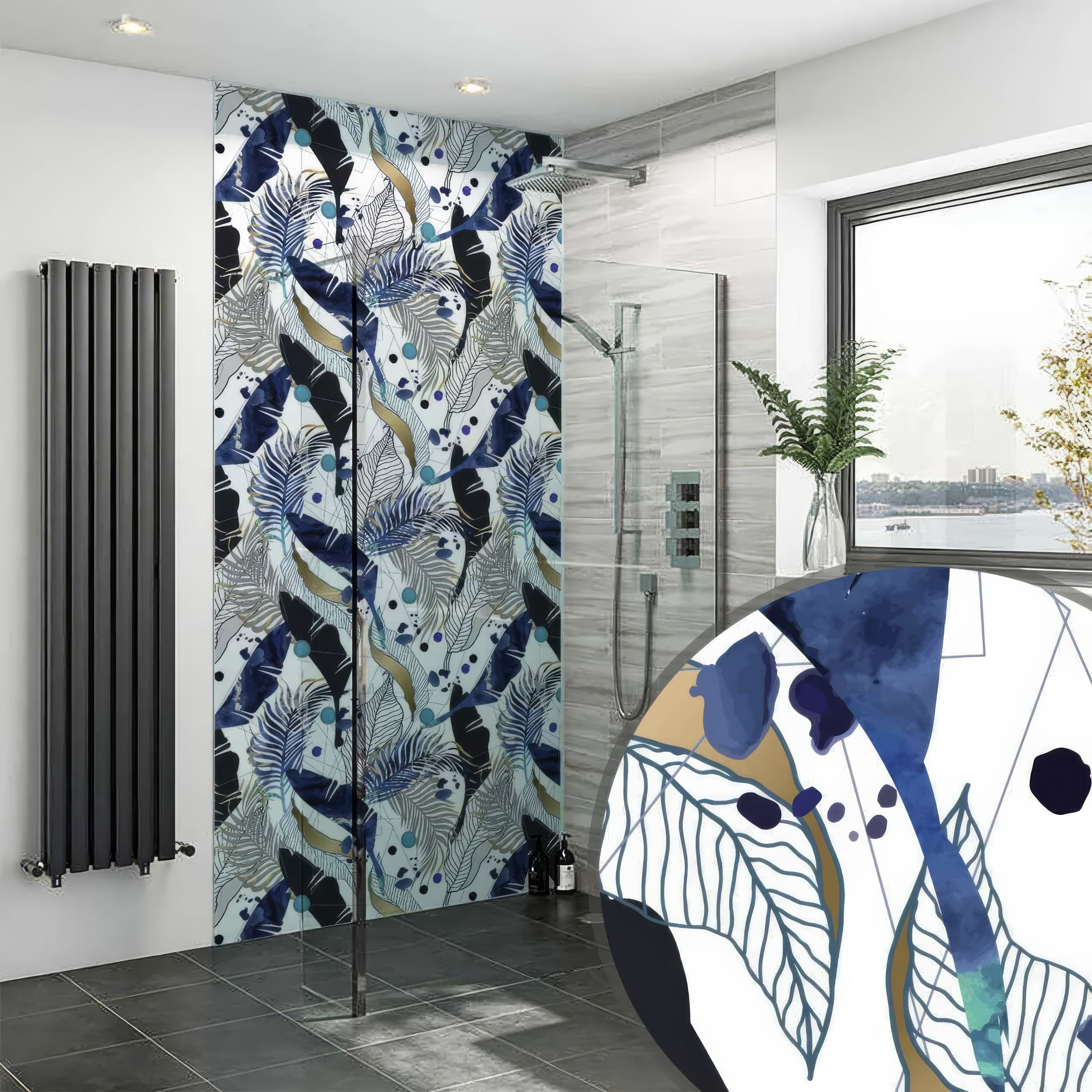 Black Gold Navy Leaves Feathers Shower Panel By Hyperion Tiles