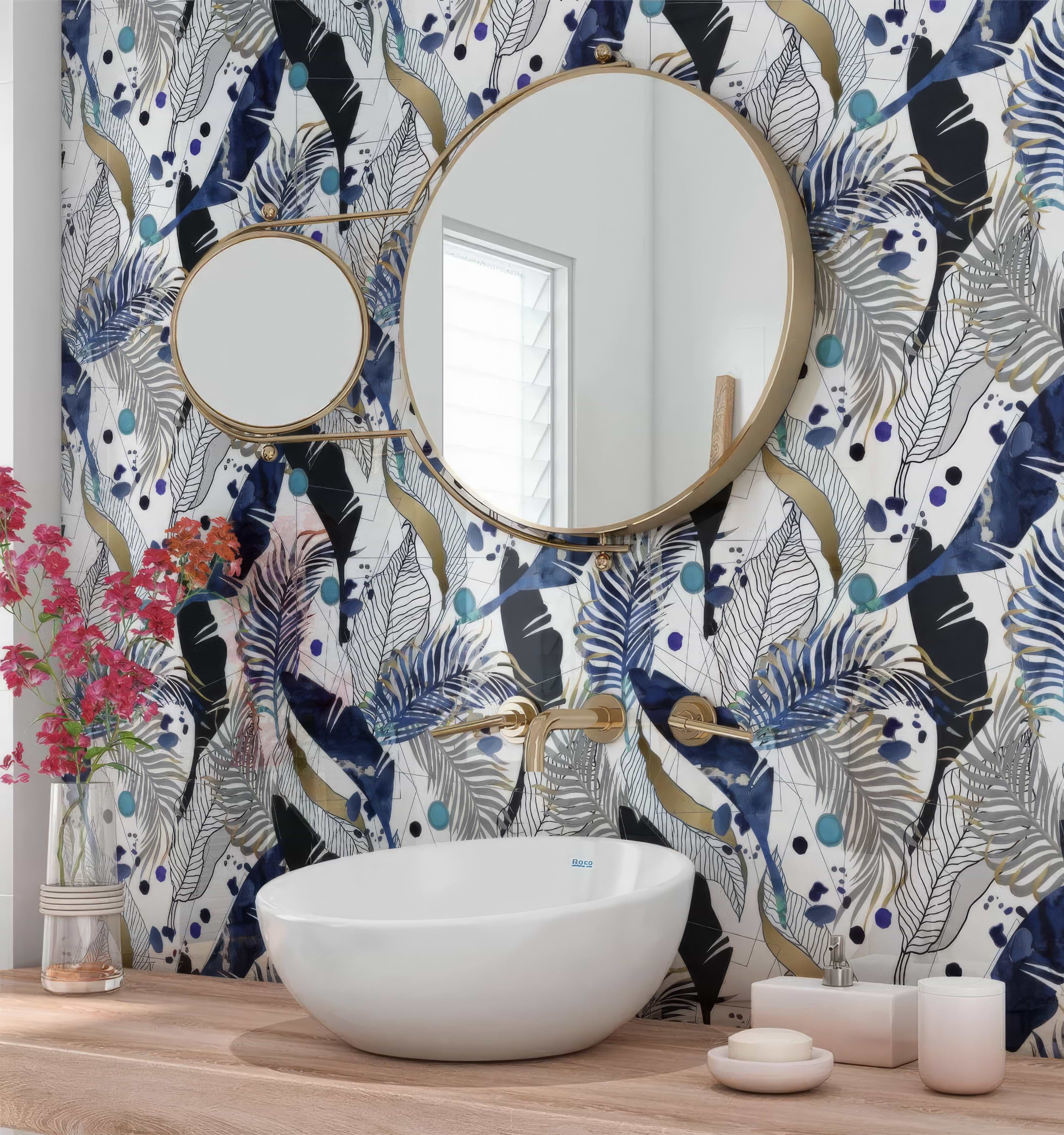 Black Gold Navy Leaves Feathers Shower Panel By Hyperion Tiles